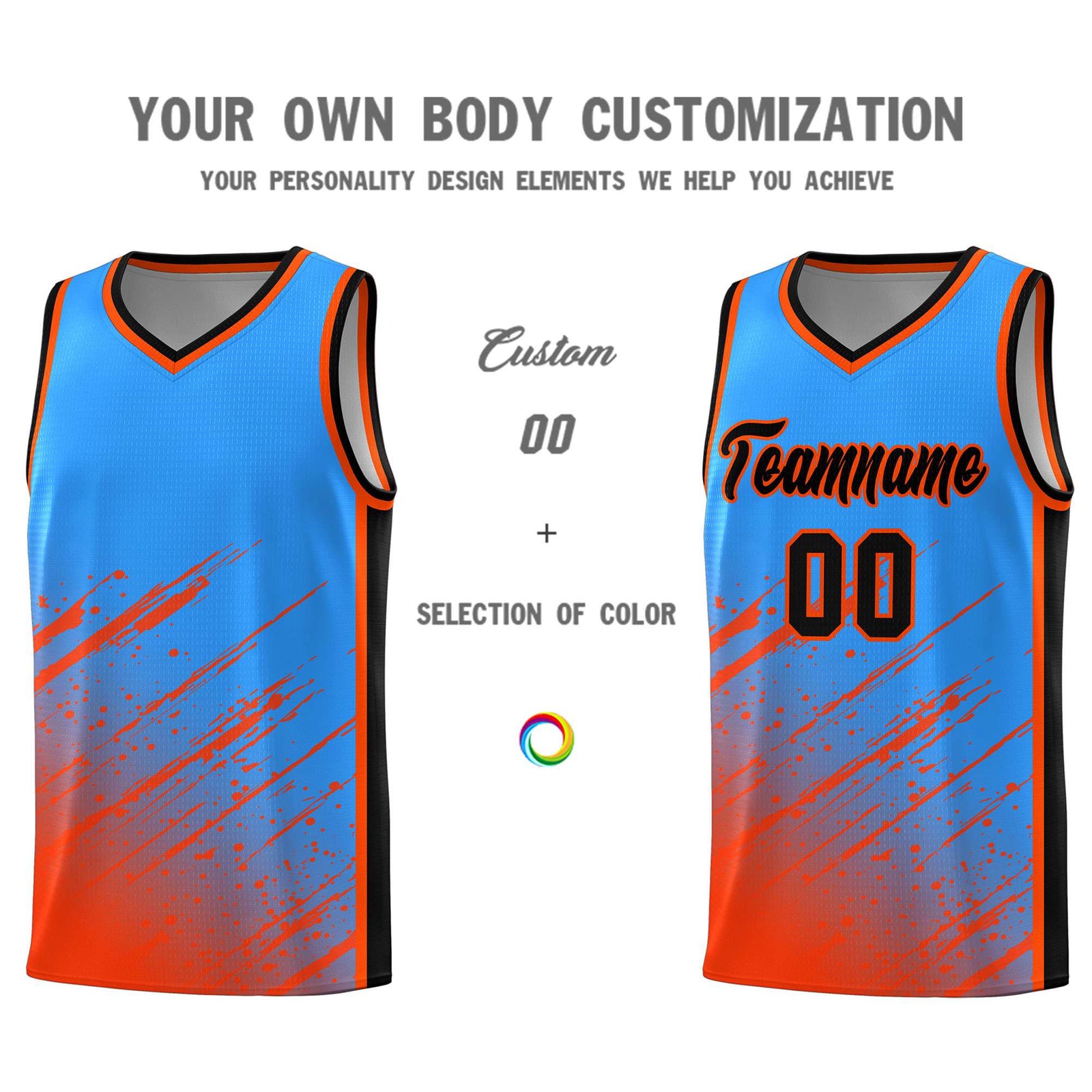 Custom Powder Blue Basketball Kits With Orange Paint Graffiti