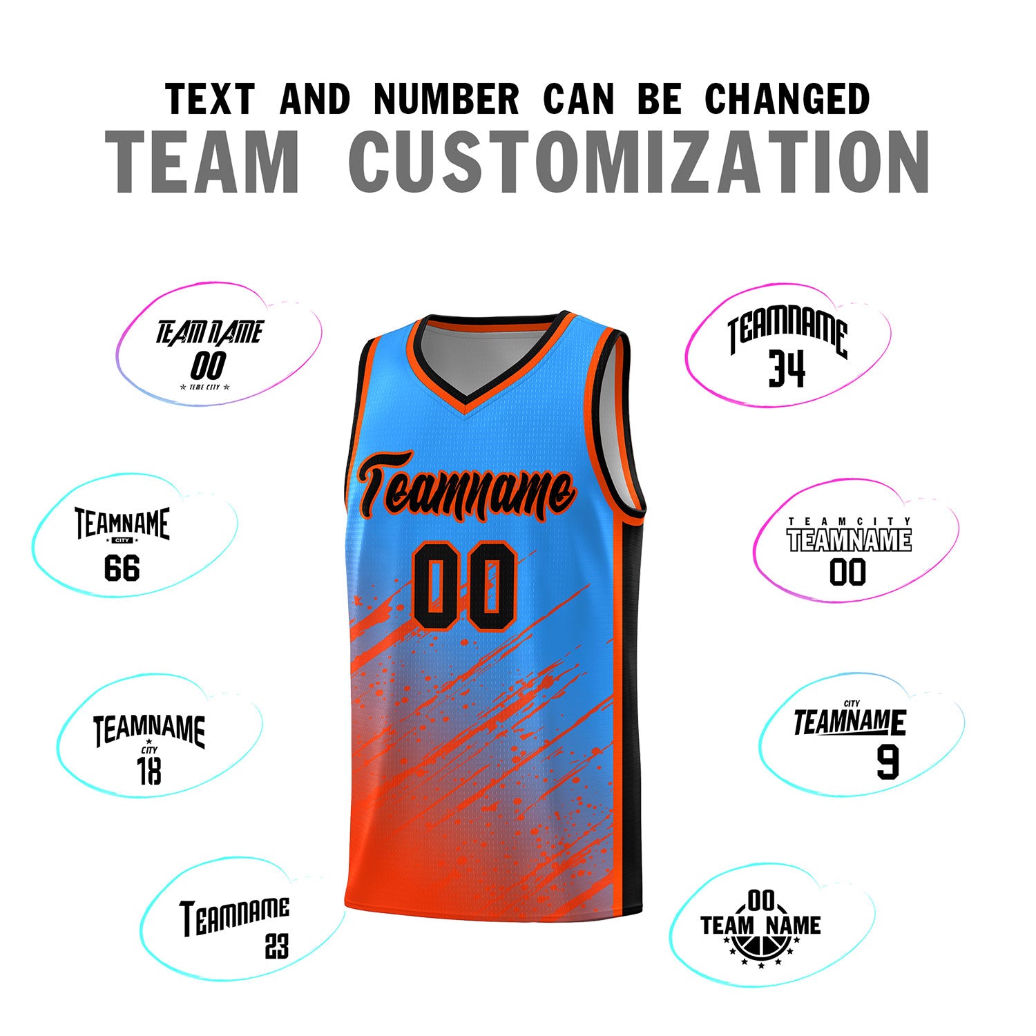 Custom Powder Blue Basketball Kits With Orange Paint Graffiti