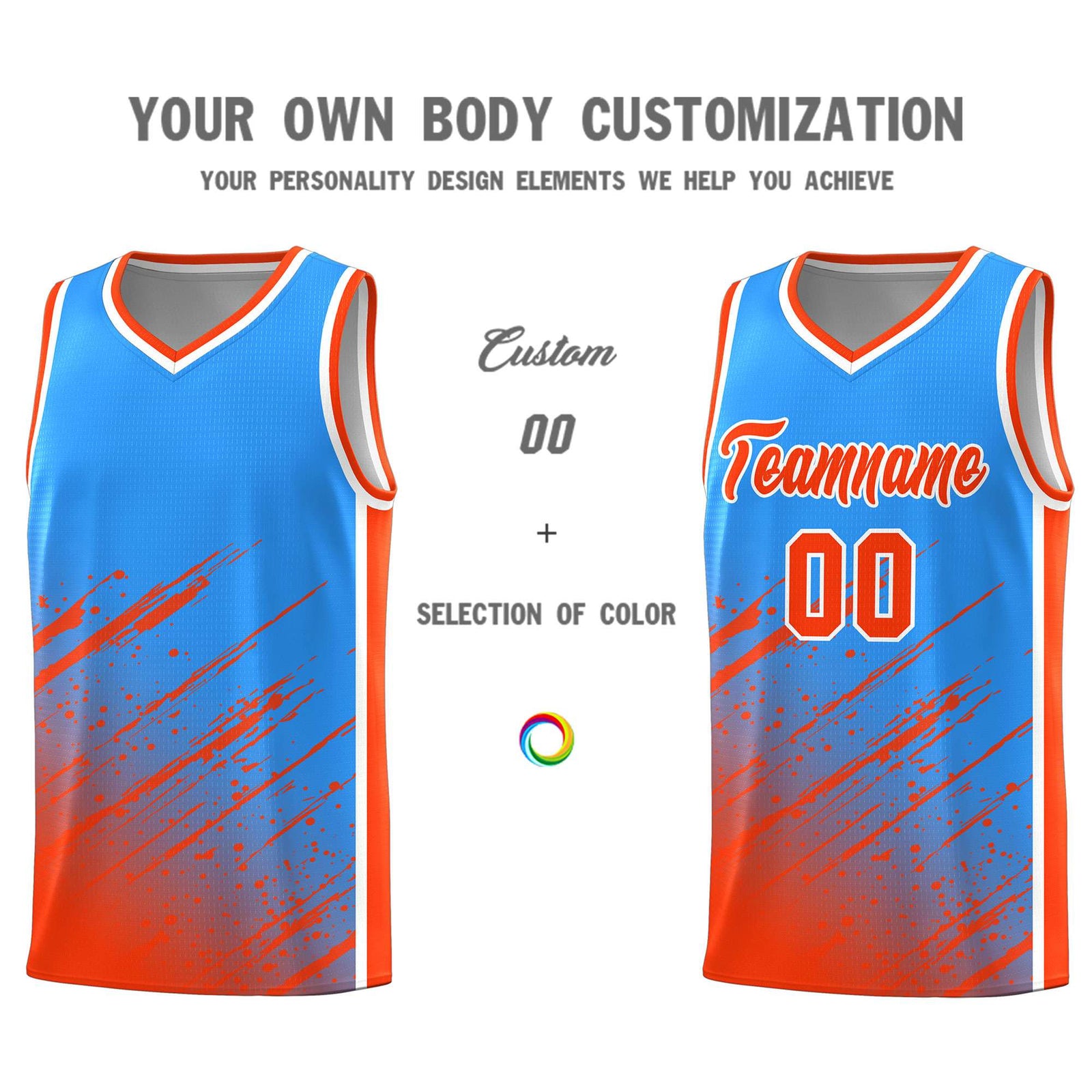 Custom Powder Blue Basketball Kits With Orange Paint Graffiti