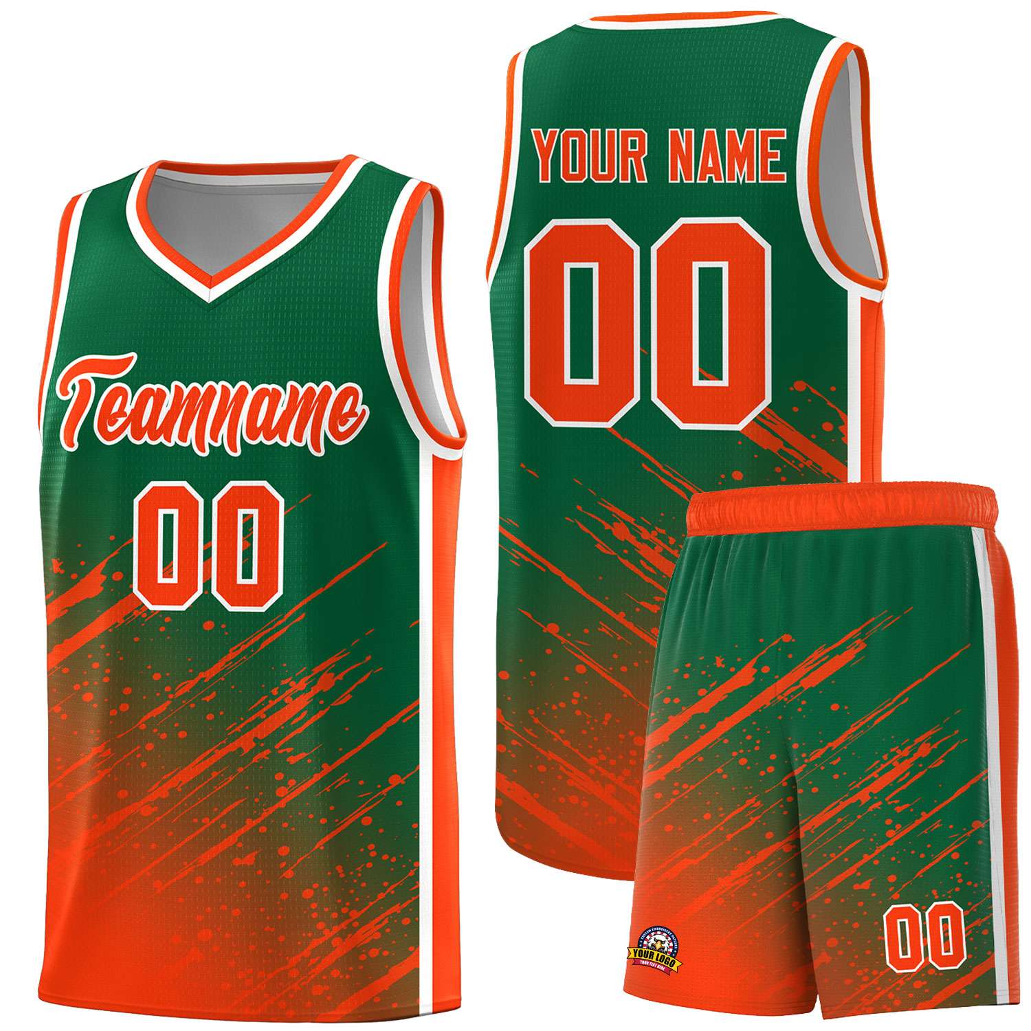 Custom Kelly Green Basketball Kits With Orange Paint Graffiti