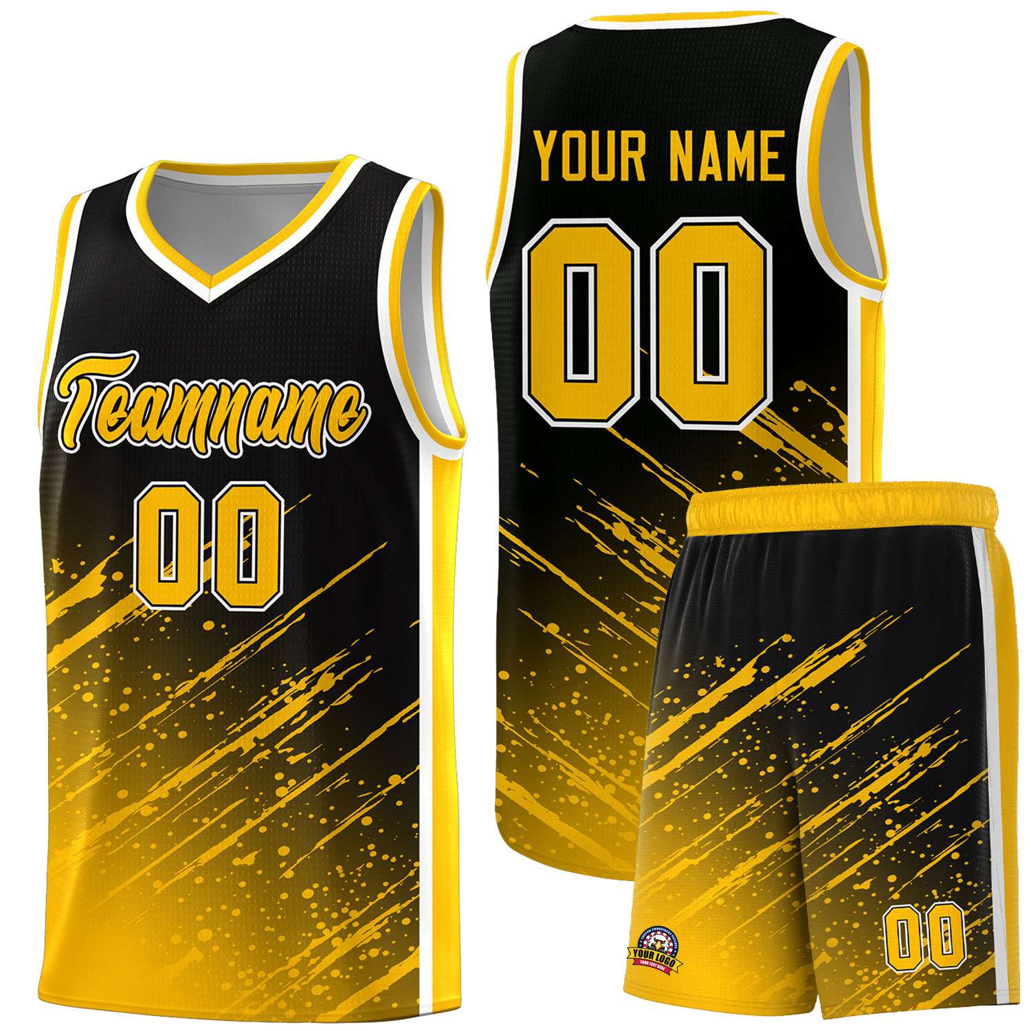 Custom Black Basketball Kits With Yellow Paint Graffiti