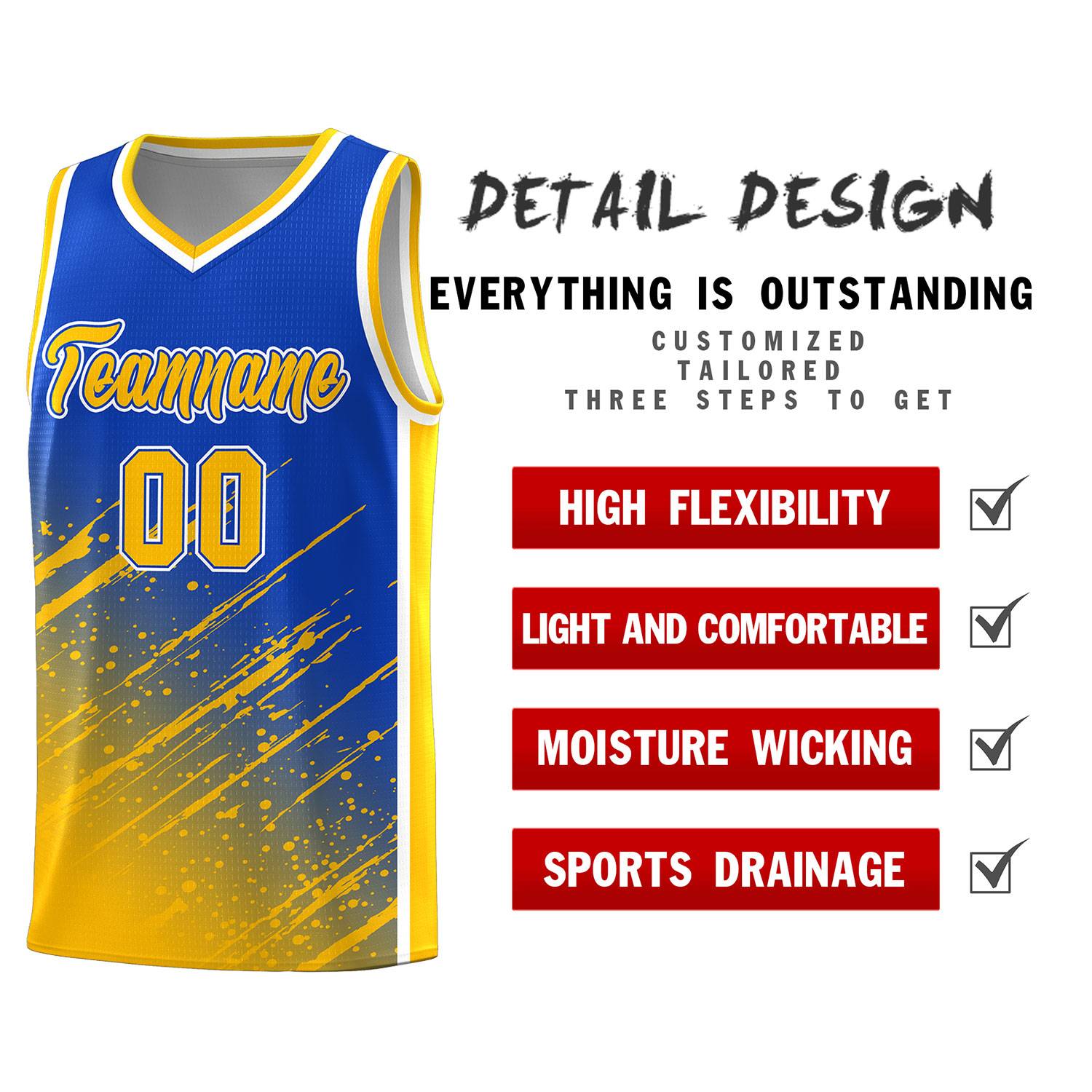 Custom Royal Basketball Kits With Yellow Paint Graffiti