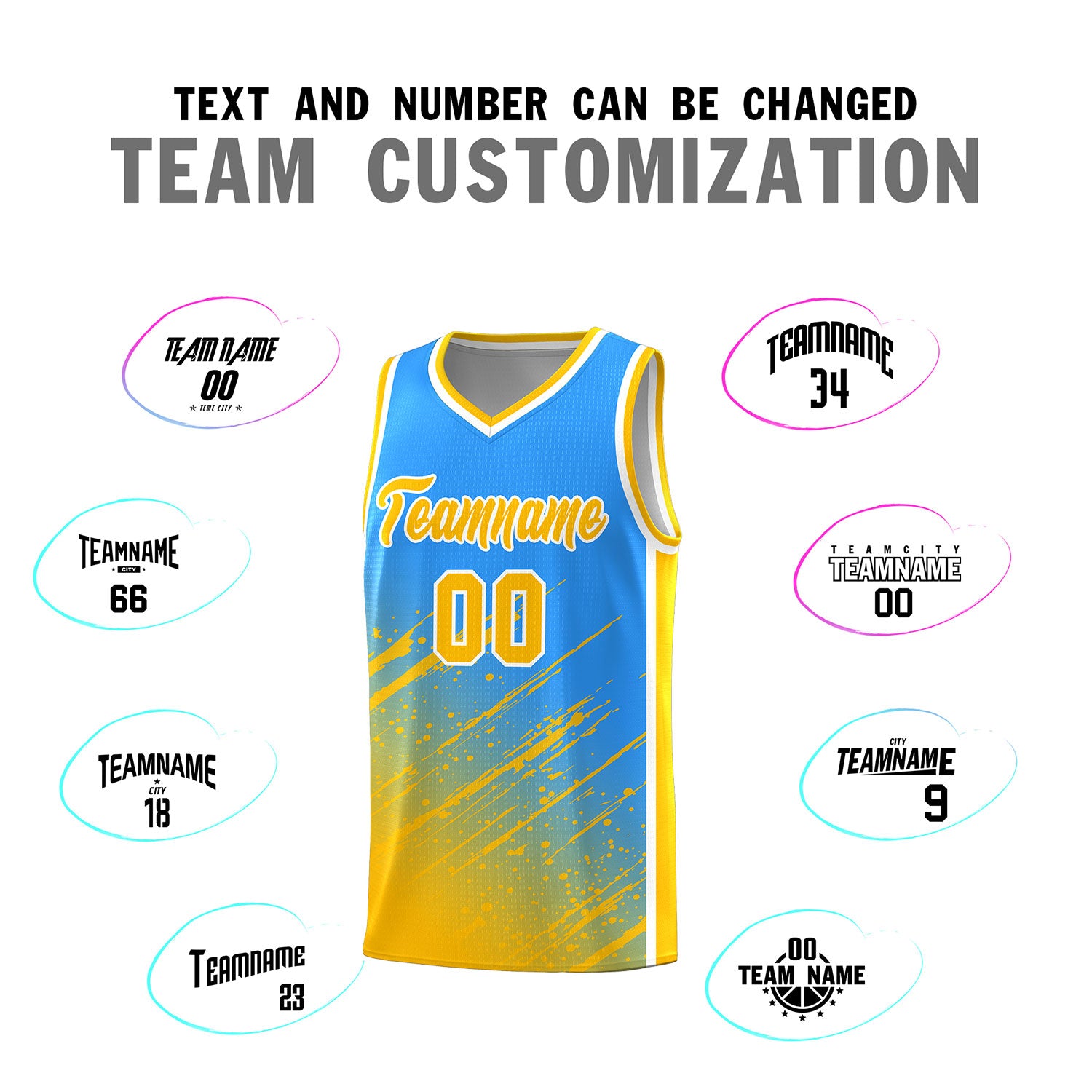 Custom Powder Blue Basketball Kits With Yellow Paint Graffiti