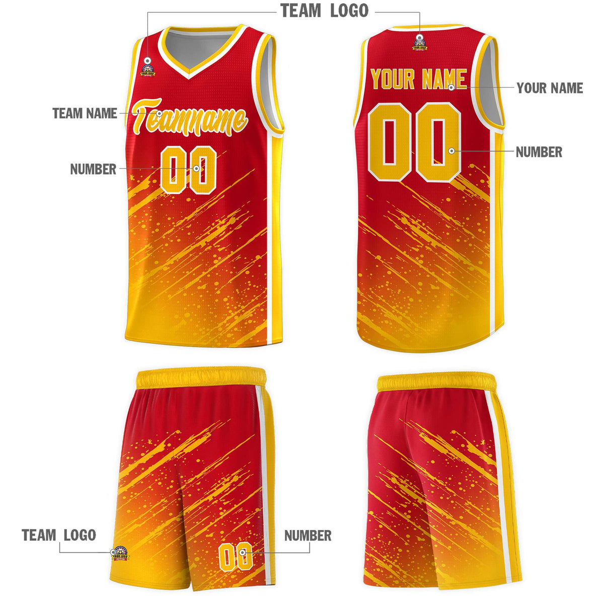 Custom Red Basketball Kits With Yellow Paint Graffiti
