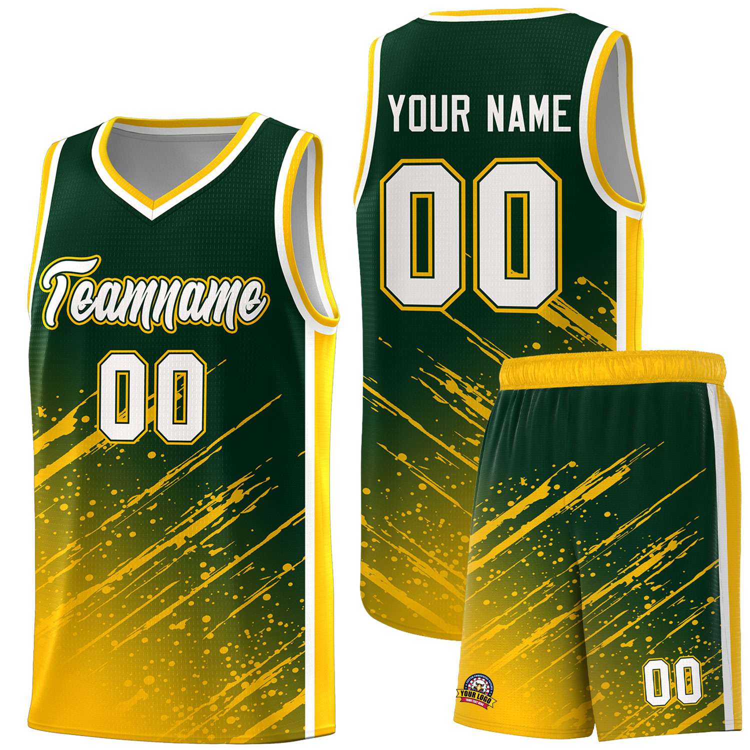 Custom Green Basketball Kits With Yellow Paint Graffiti