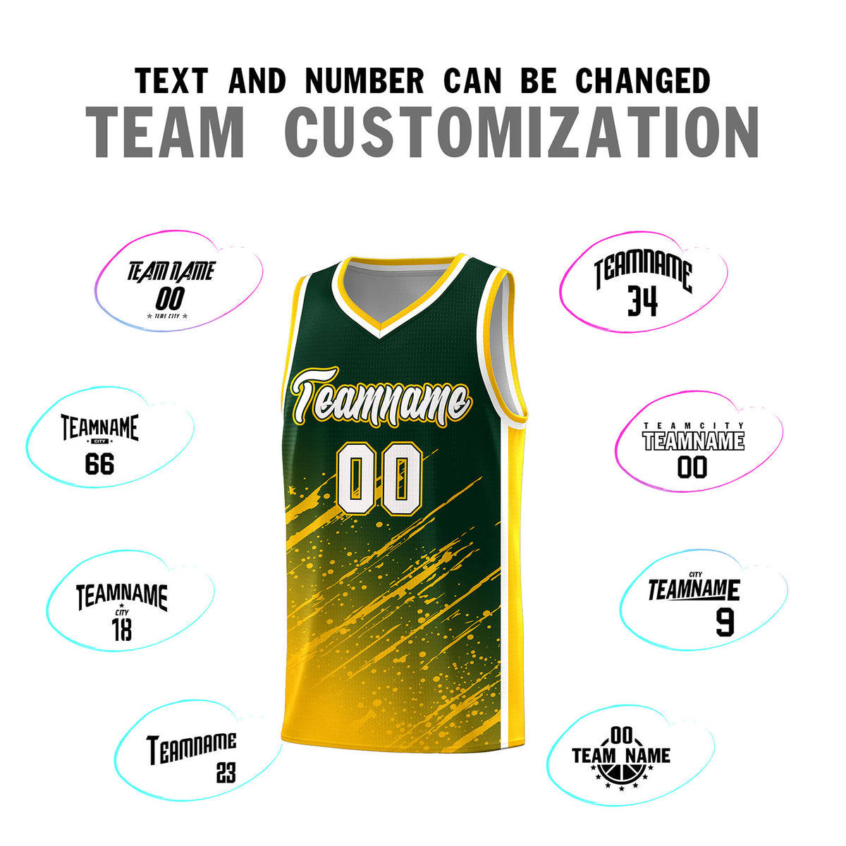 Custom Green Basketball Kits With Yellow Paint Graffiti