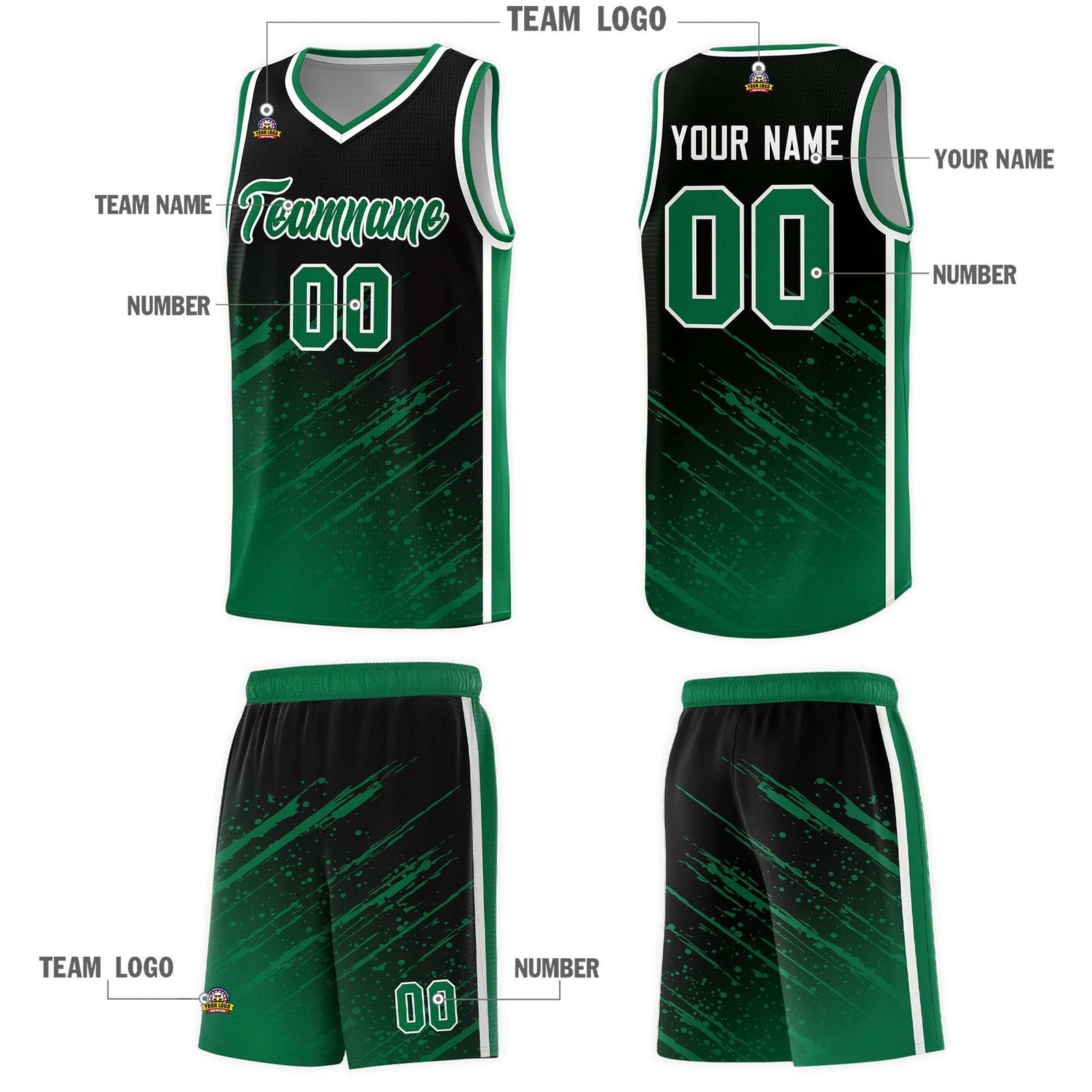 Custom Black Basketball Kits With Kelly Green Paint Graffiti