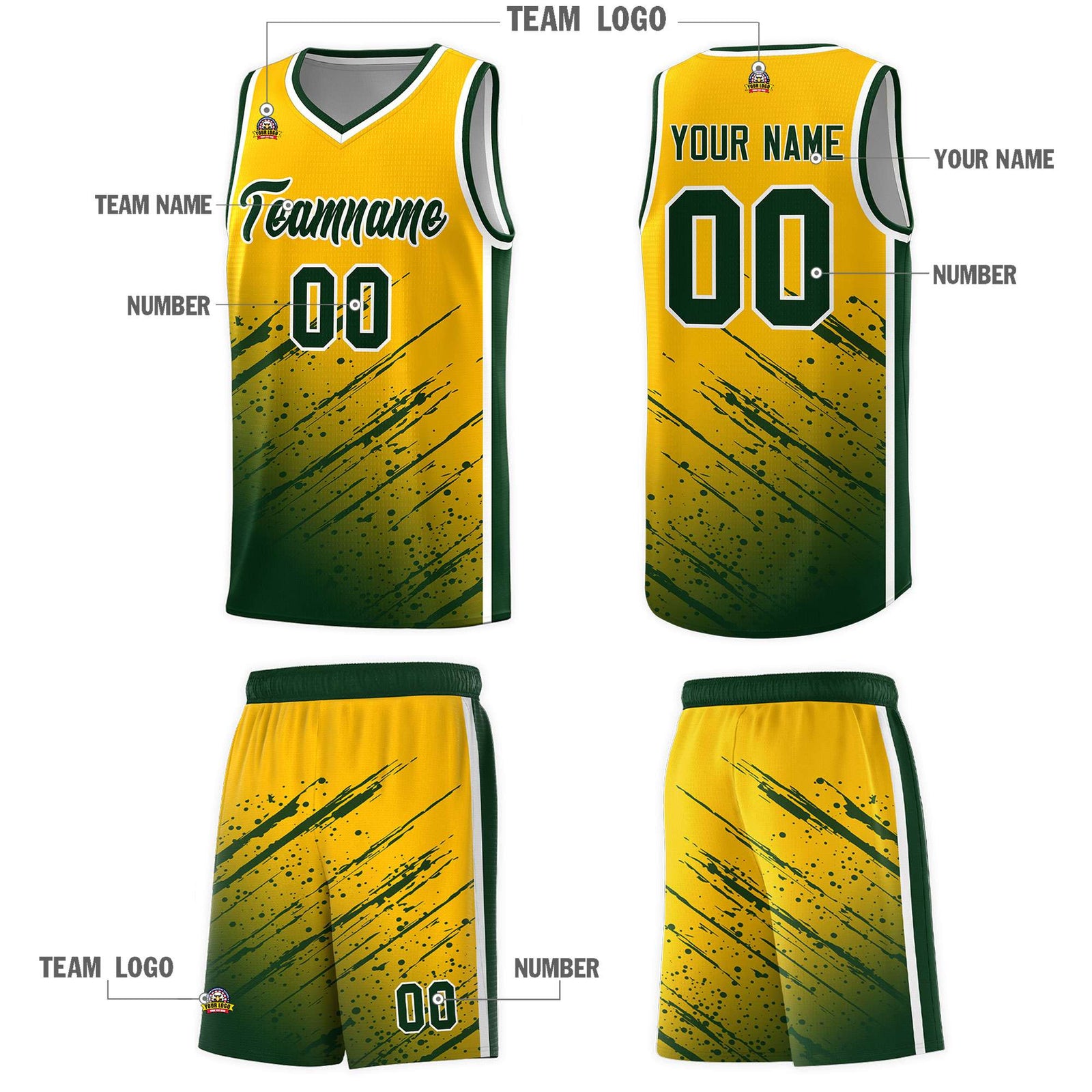 Custom Yellow Basketball Kits With Green Paint Graffiti