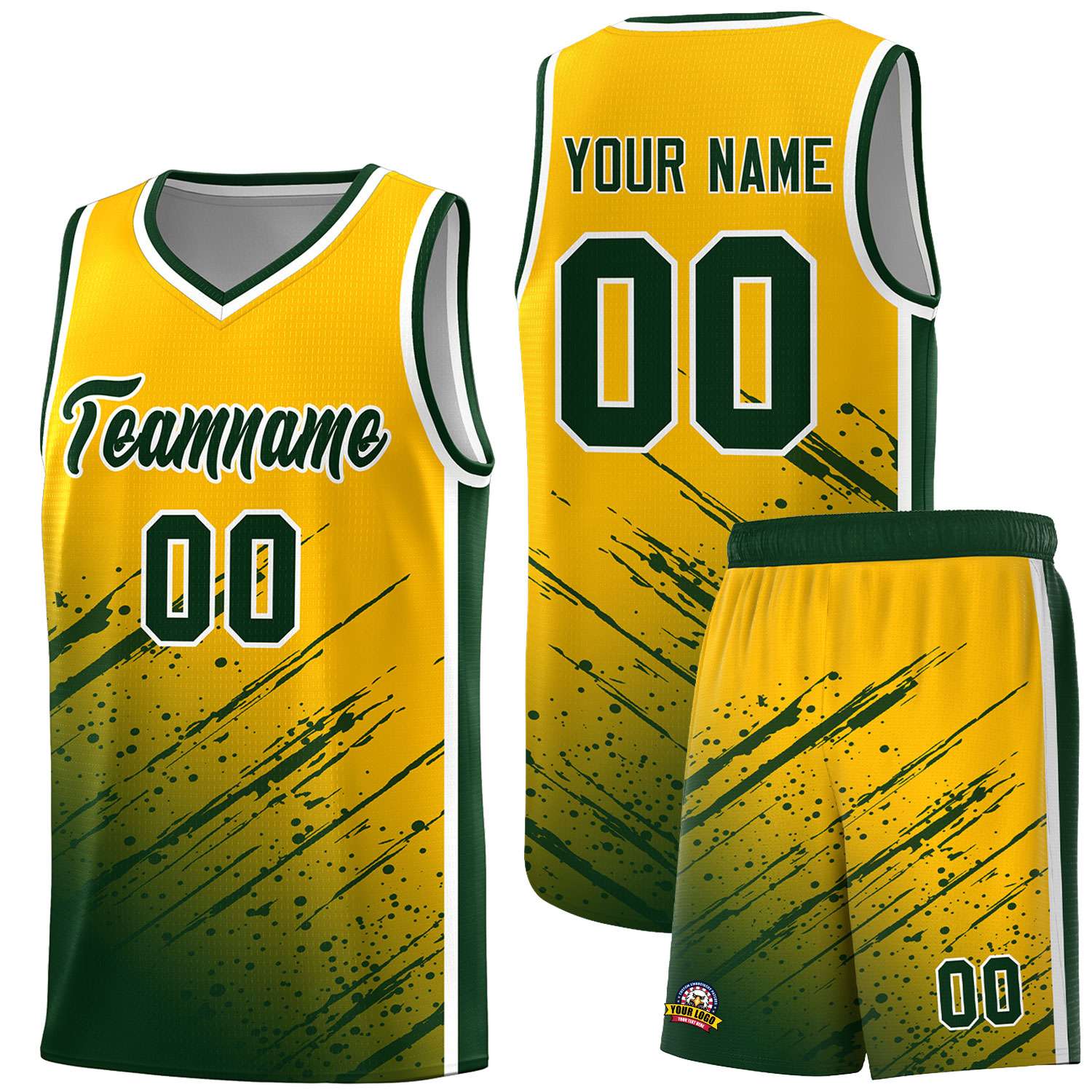Custom Yellow Basketball Kits With Green Paint Graffiti