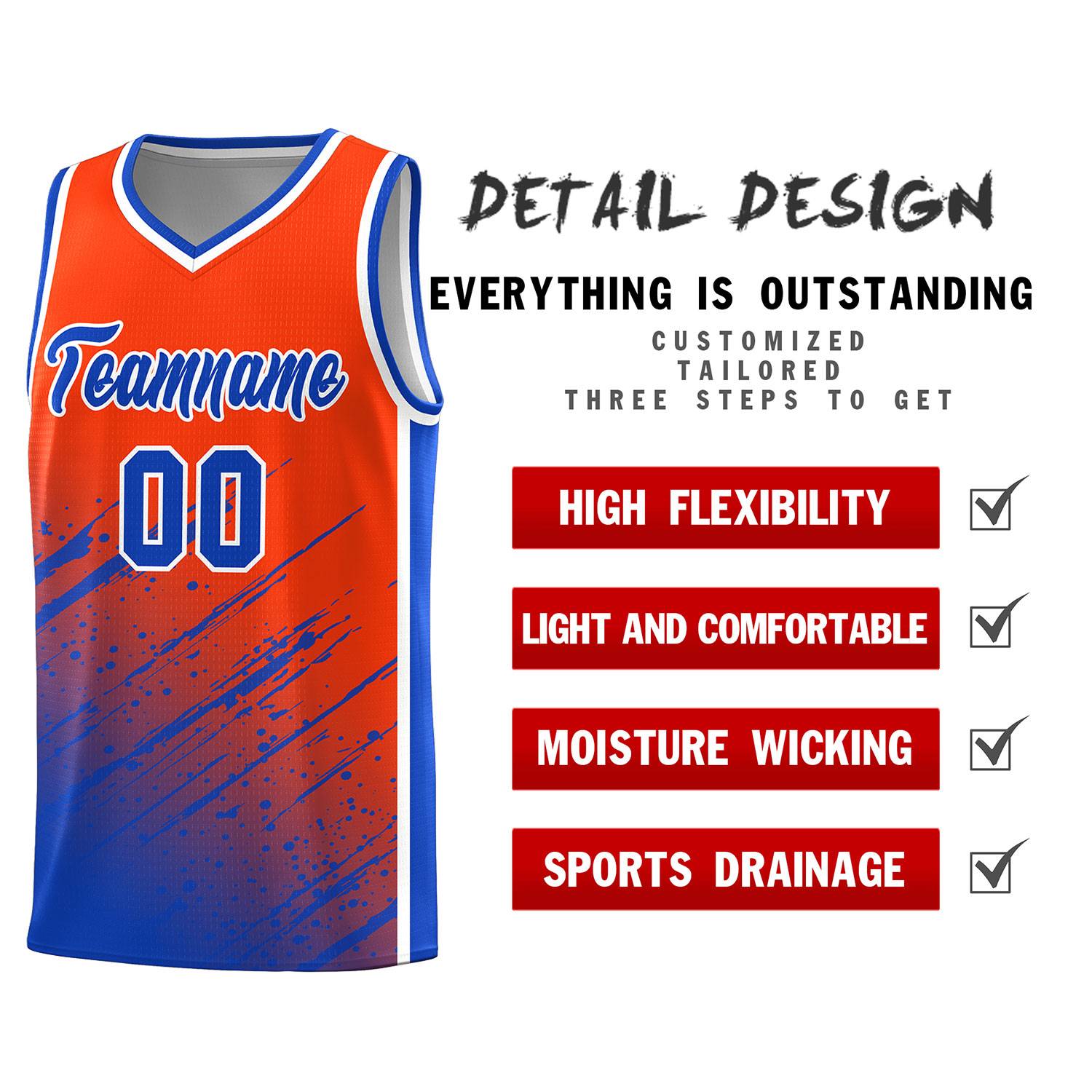 Custom Orange Basketball Kits With Royal Paint Graffiti