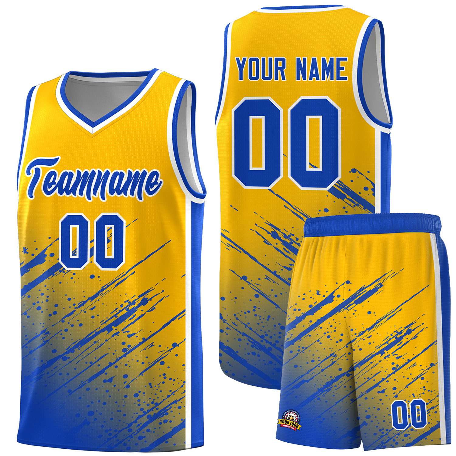Custom Yellow Basketball Kits With Royal Paint Graffiti