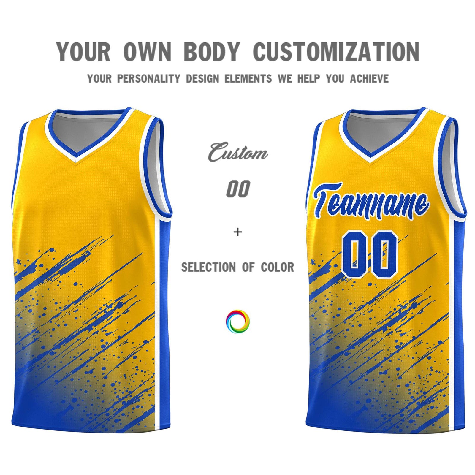 Custom Yellow Basketball Kits With Royal Paint Graffiti