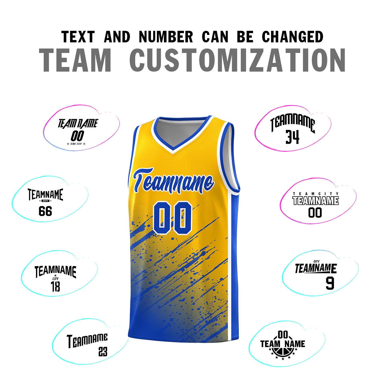 Custom Yellow Basketball Kits With Royal Paint Graffiti