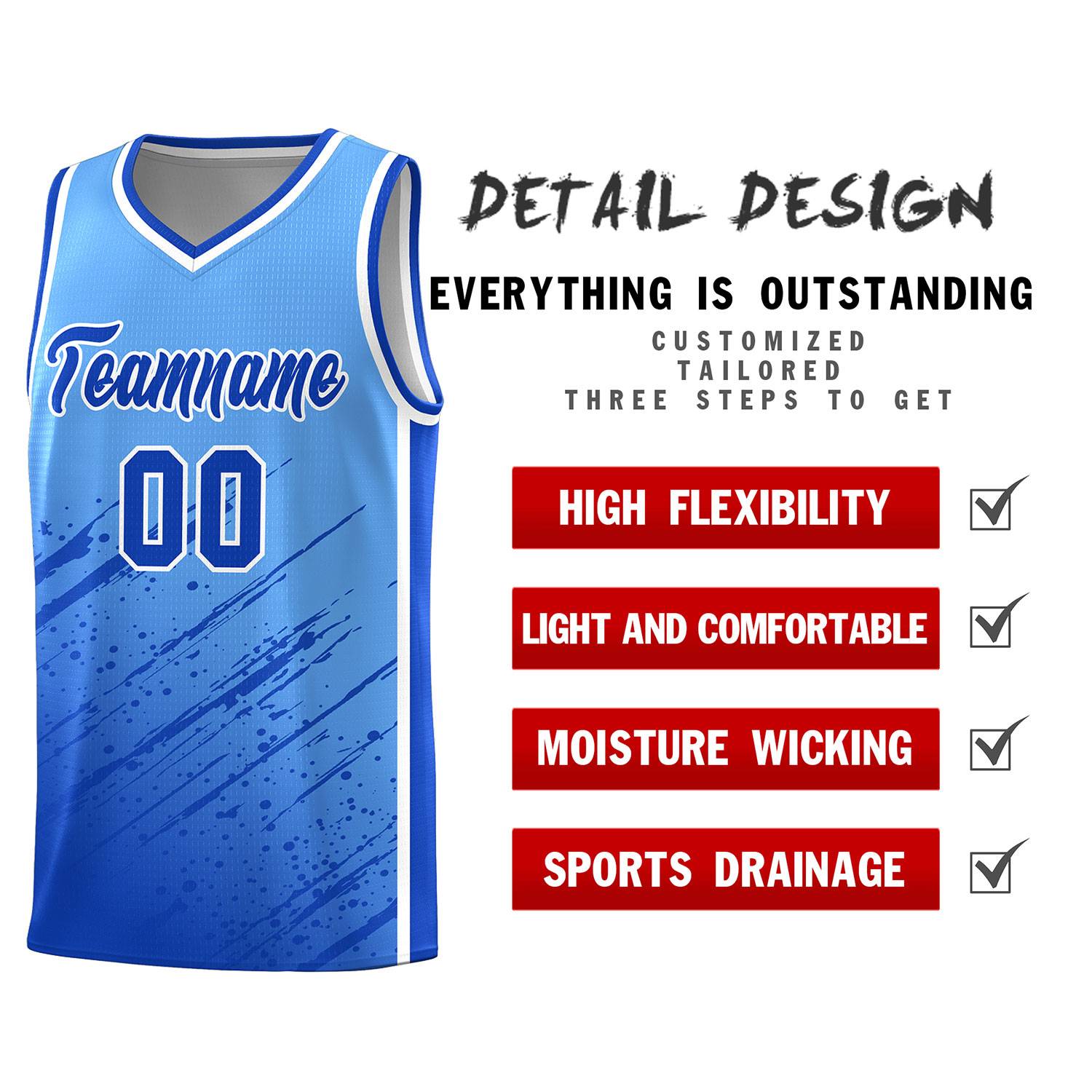 Custom Powder Blue Basketball Kits With Royal Paint Graffiti