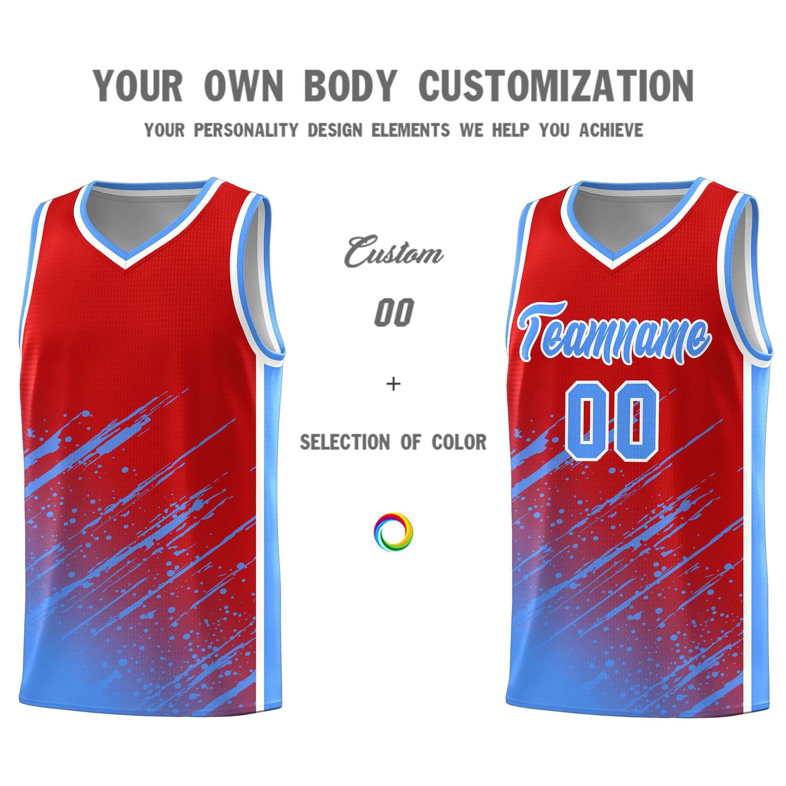 Custom Red Basketball Kits With Powder Blue Paint Graffiti