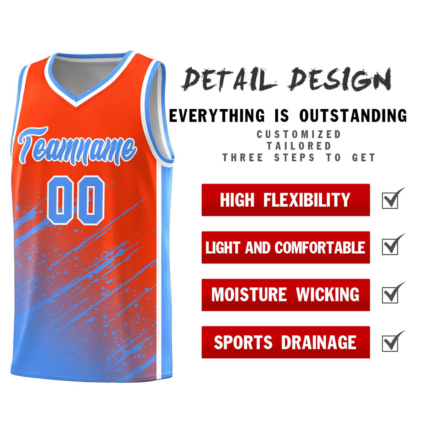 Custom Orange Basketball Kits With Powder Blue Paint Graffiti