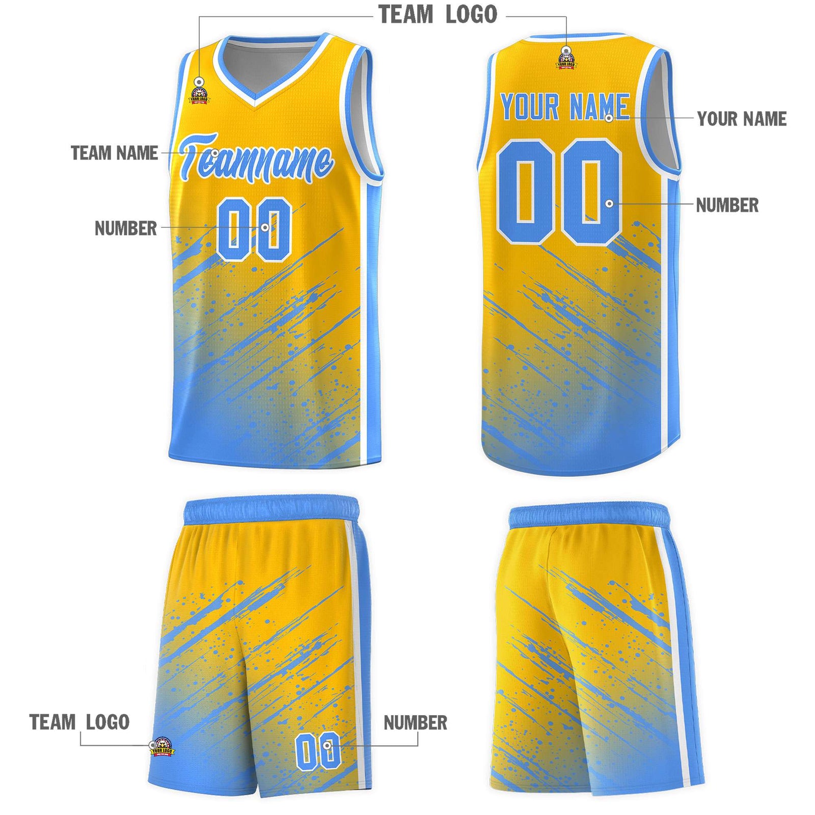 Custom Yellow Basketball Kits With Powder Blue Paint Graffiti
