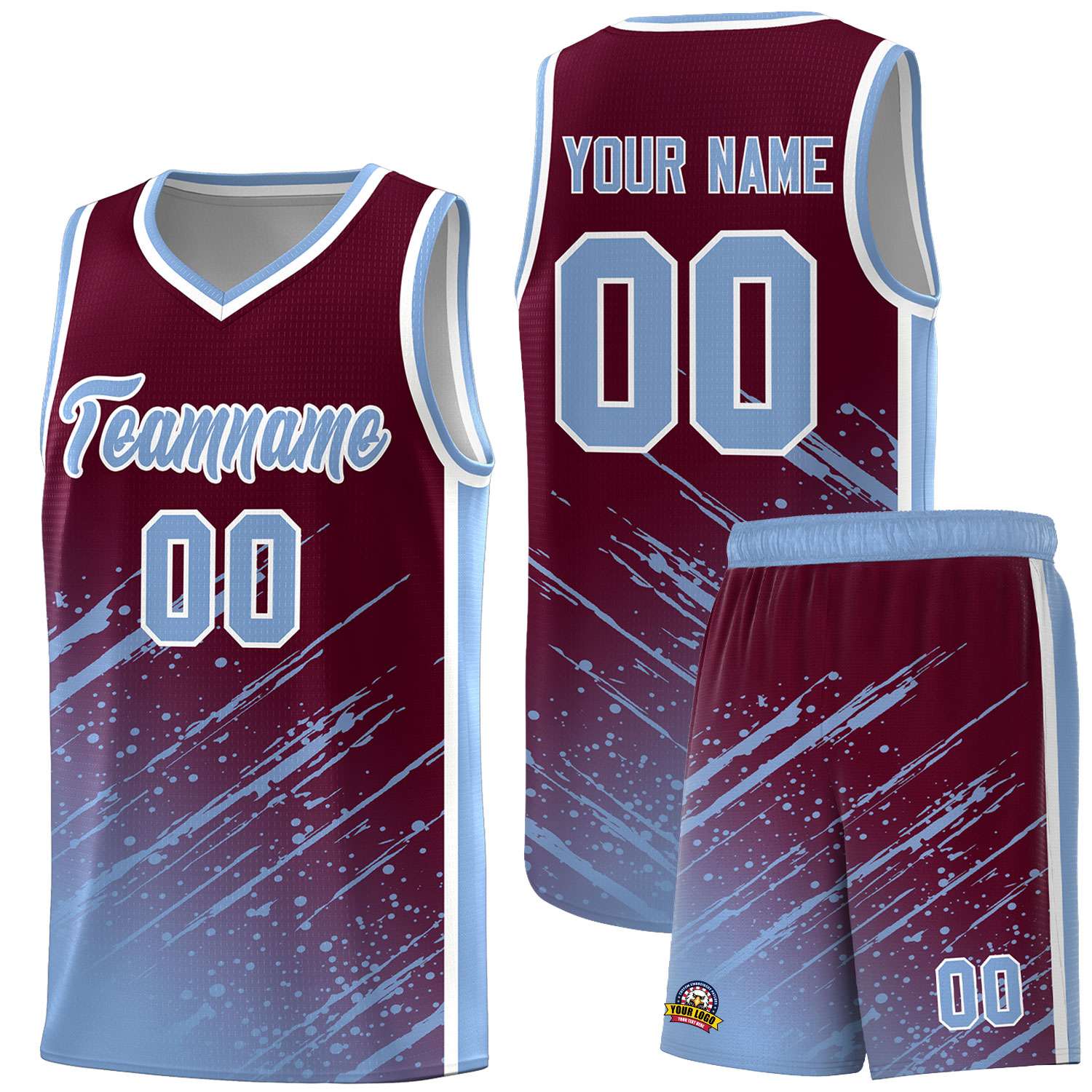 Custom Crimson Basketball Kits With Light Blue Paint Graffiti
