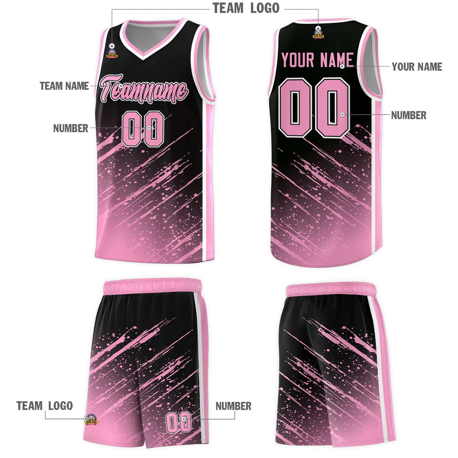 Custom Black Basketball Kits With Light Pink Paint Graffiti