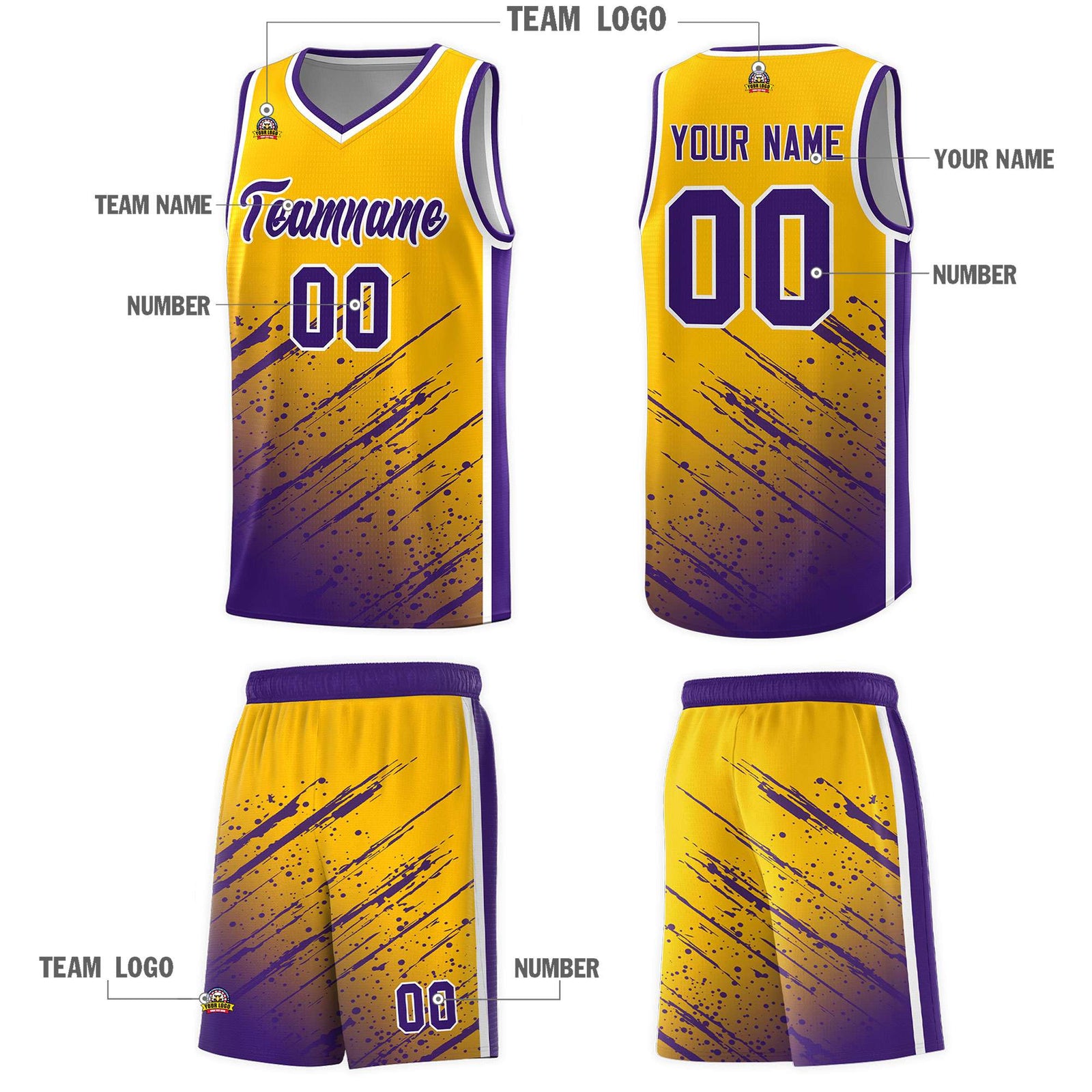 Custom Yellow Basketball Kits With Purple Paint Graffiti