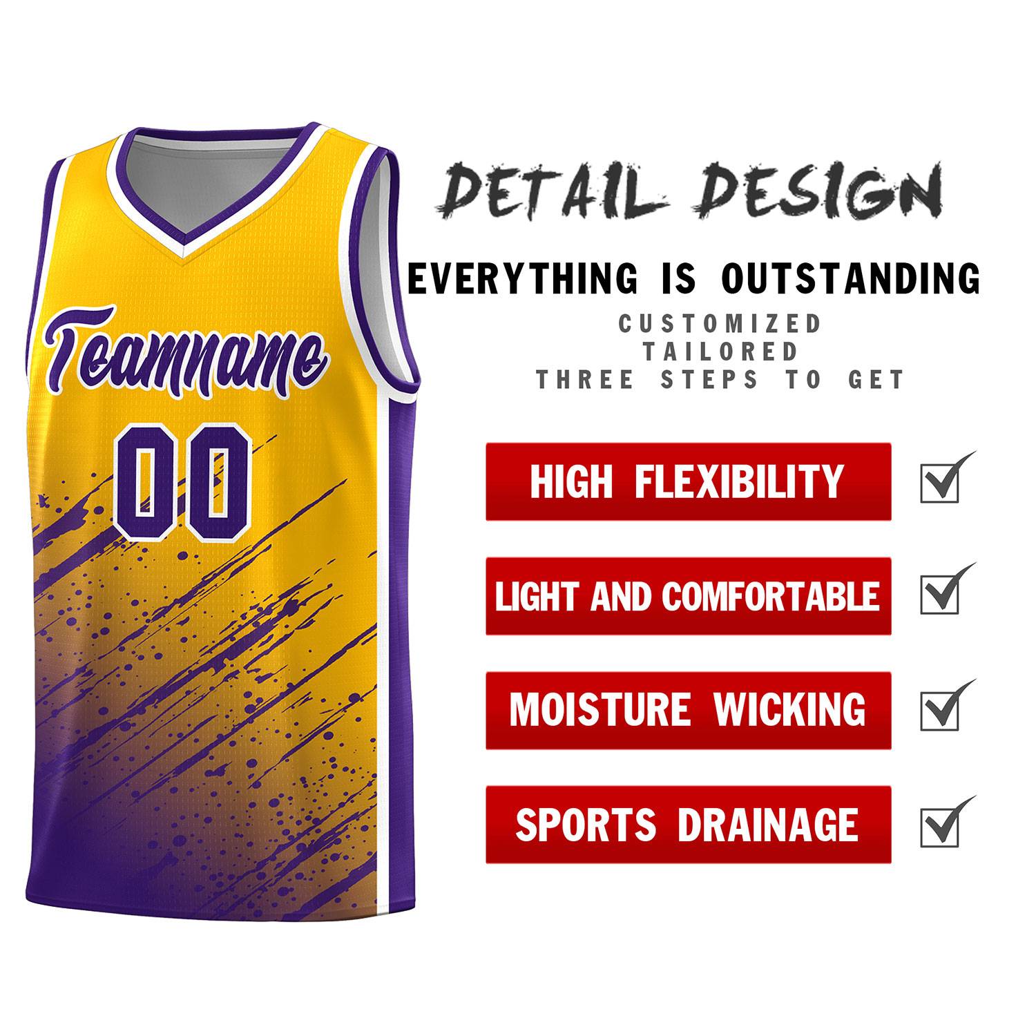 Custom Yellow Basketball Kits With Purple Paint Graffiti