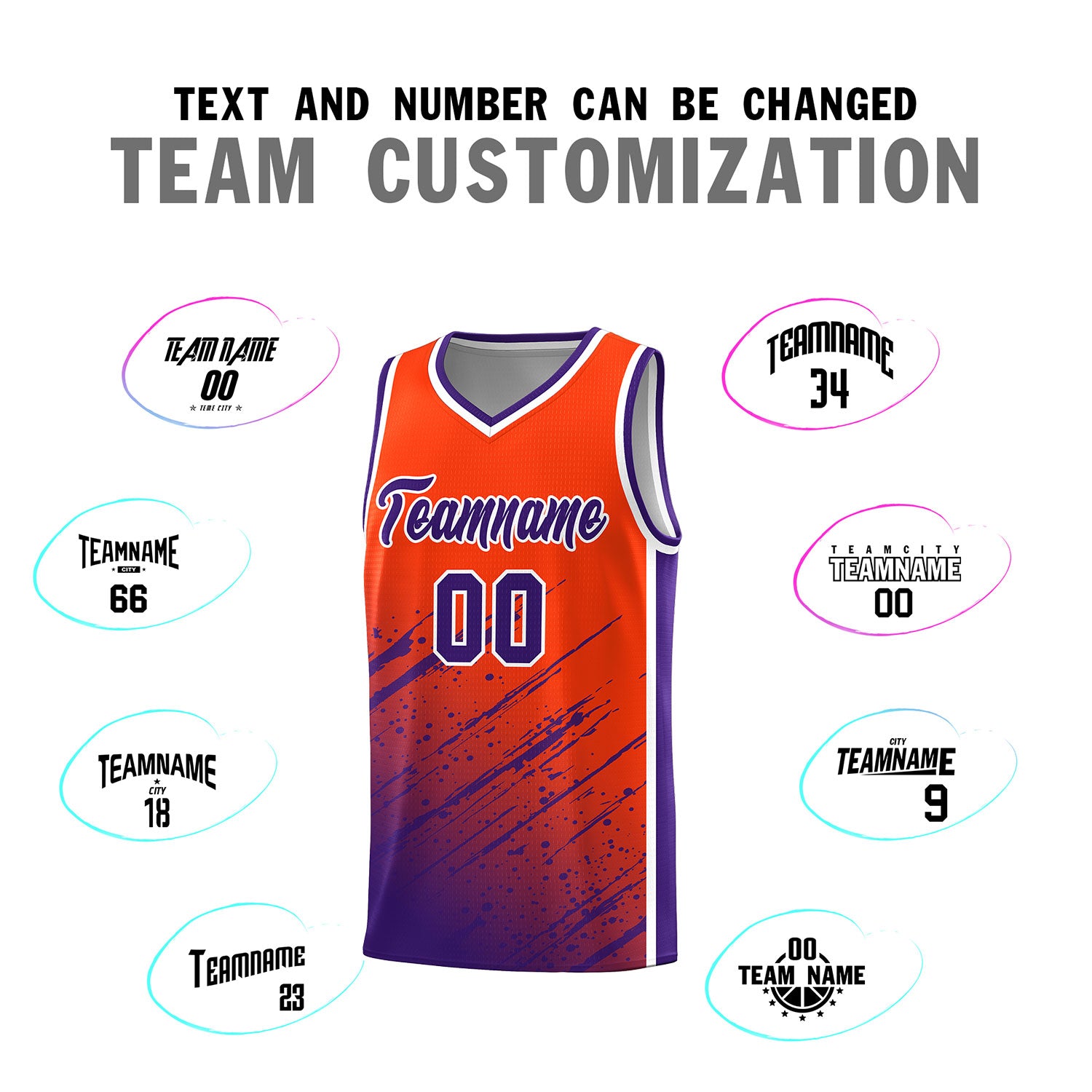 Custom Orange Basketball Kits With Purple Paint Graffiti