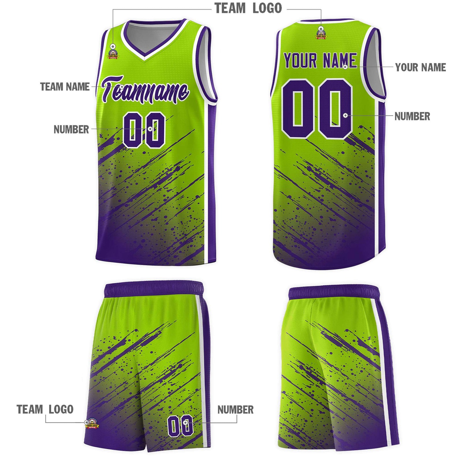 Custom Neon Green Basketball Kits With Purple Paint Graffiti
