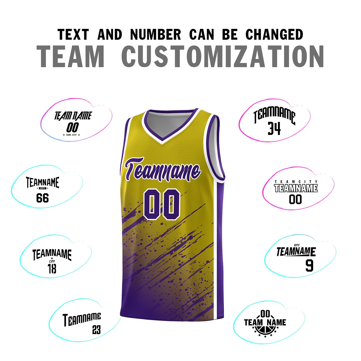 Custom Old Gold Basketball Kits With Purple Paint Graffiti