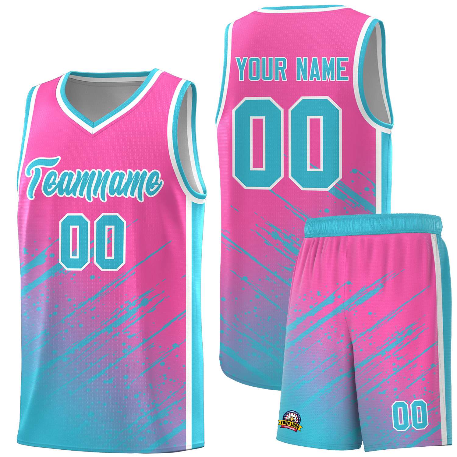 Custom Pink Basketball Kits With Sky Blue Paint Graffiti