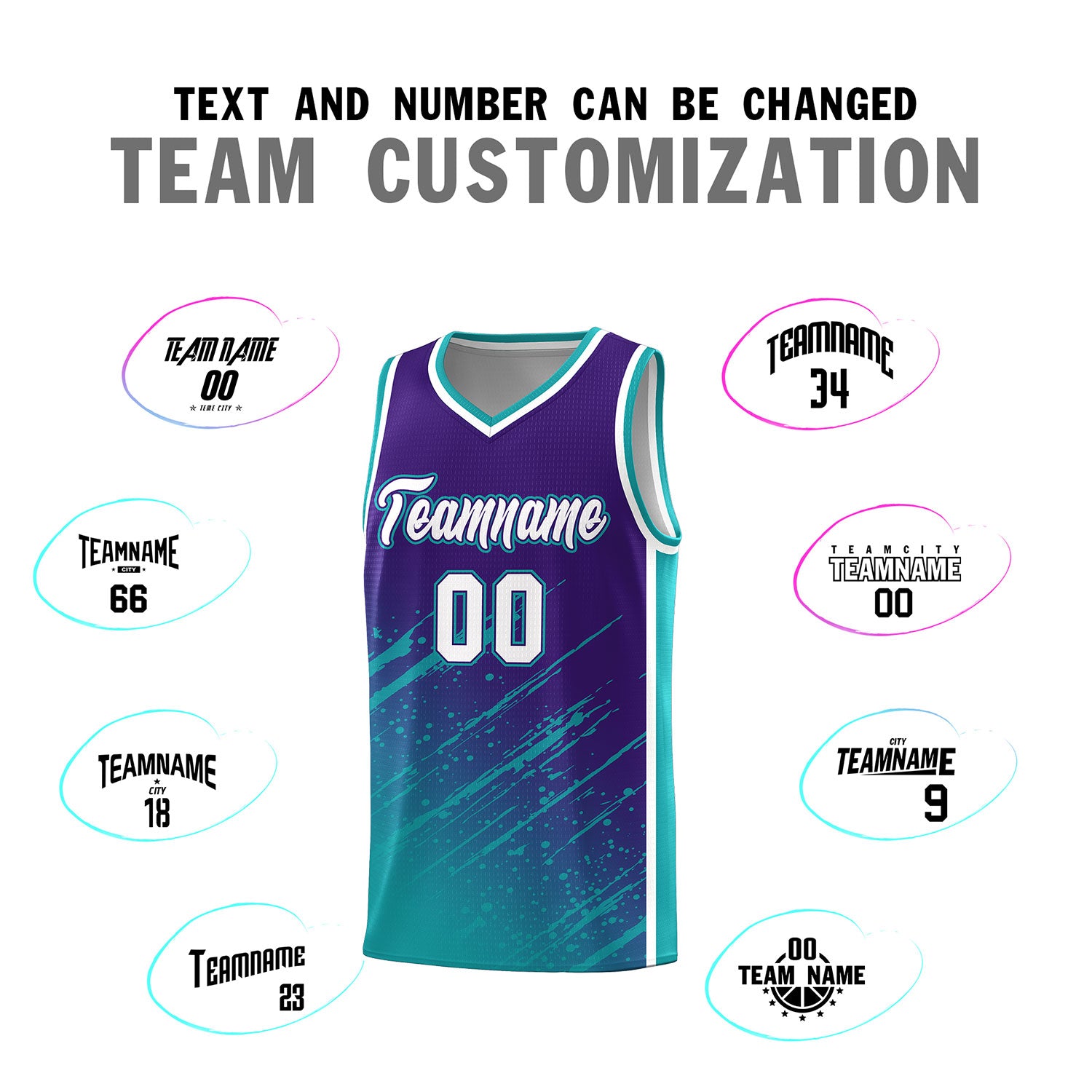 Custom Purple Basketball Kits With Aqua Paint Graffiti