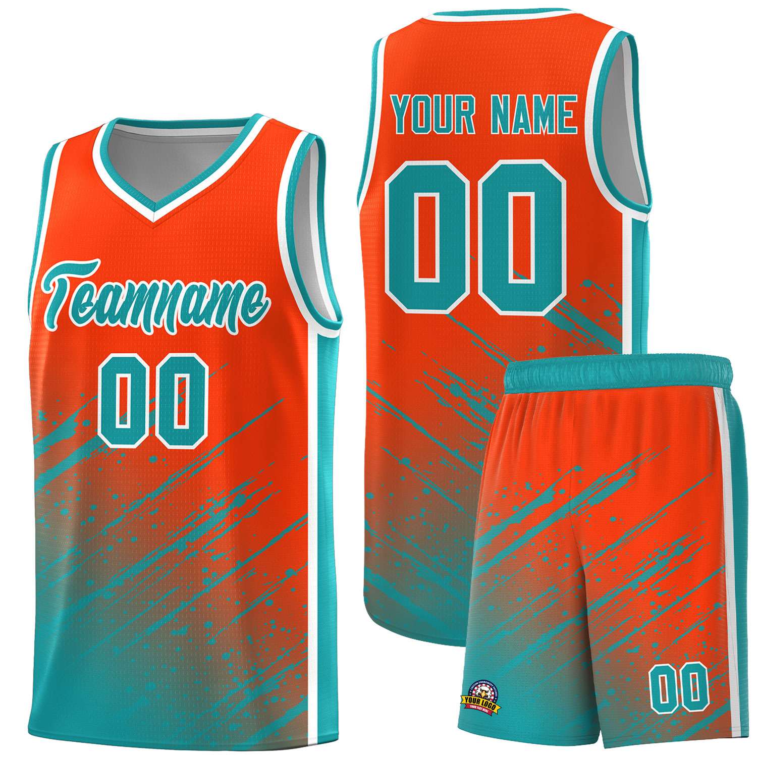 Custom Orange Basketball Kits With Aqua Paint Graffiti
