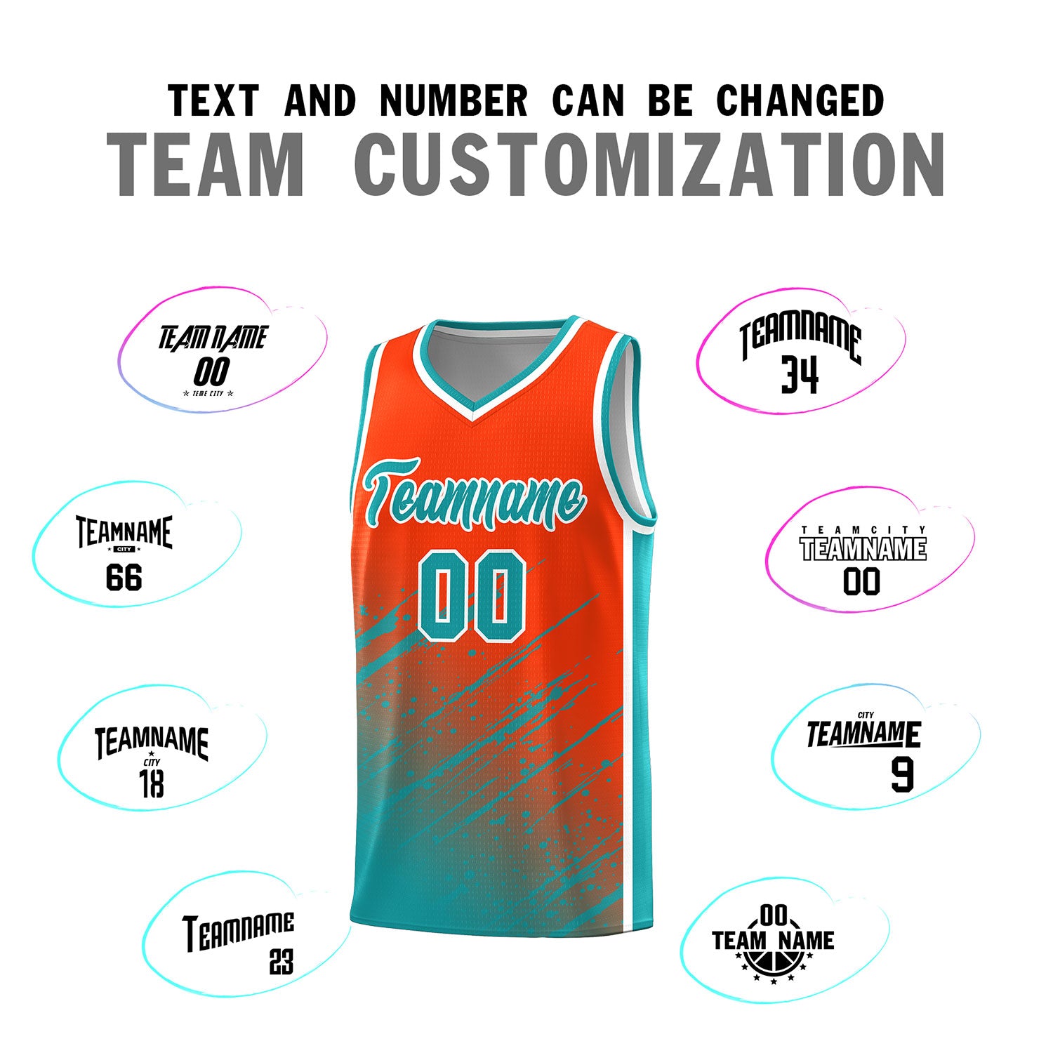 Custom Orange Basketball Kits With Aqua Paint Graffiti