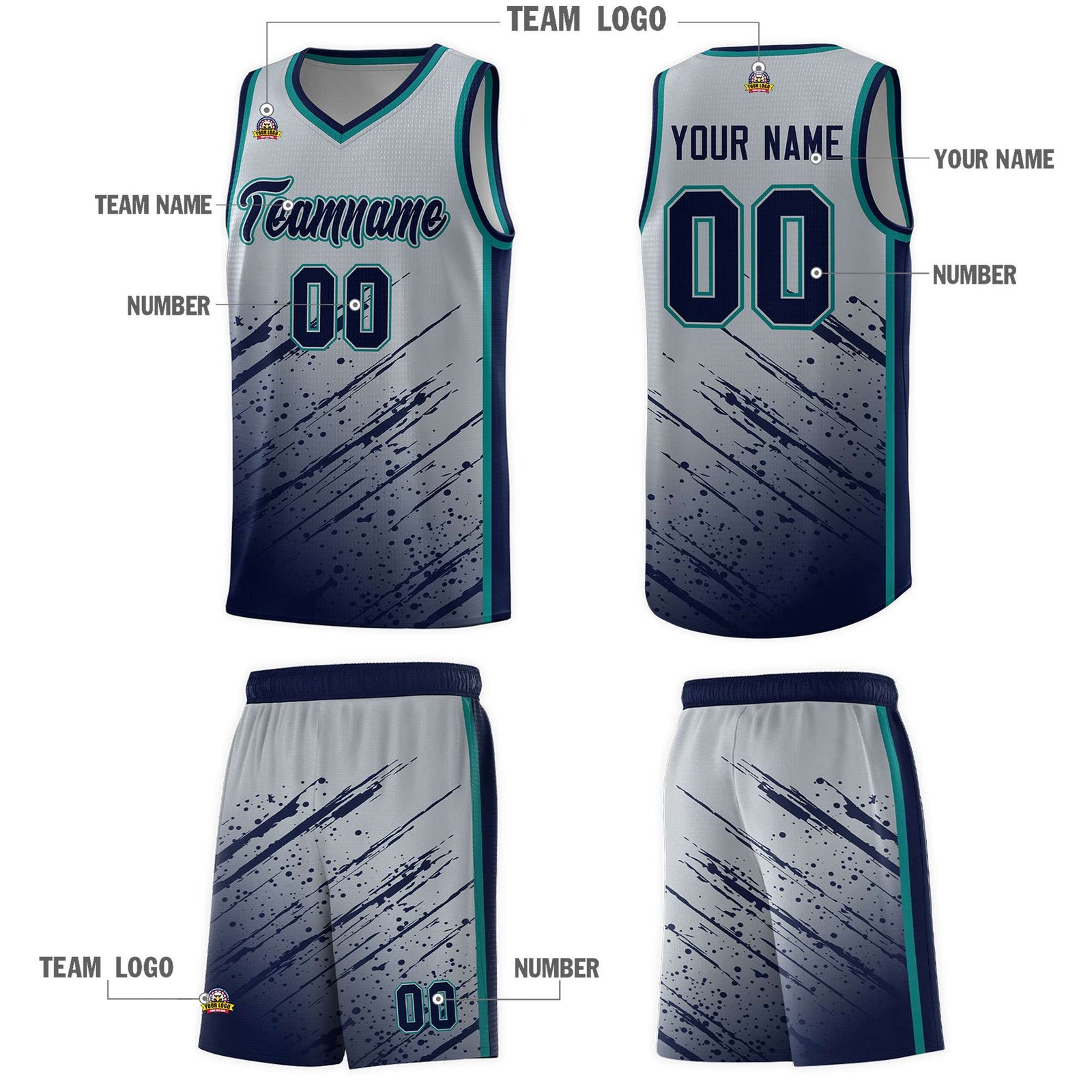 Custom Gray Basketball Kits With Navy Paint Graffiti