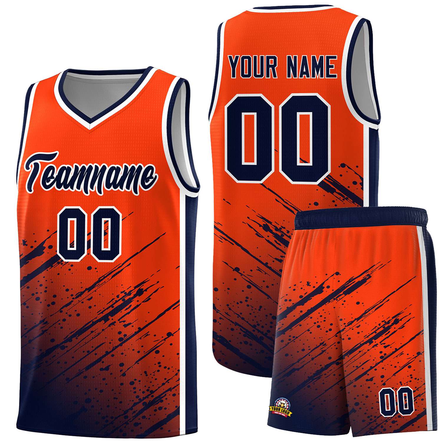 Custom Orange Basketball Kits With Navy Paint Graffiti