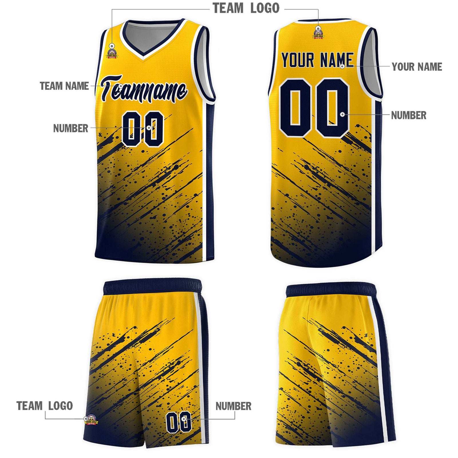 Custom Yellow Basketball Kits With Navy Paint Graffiti