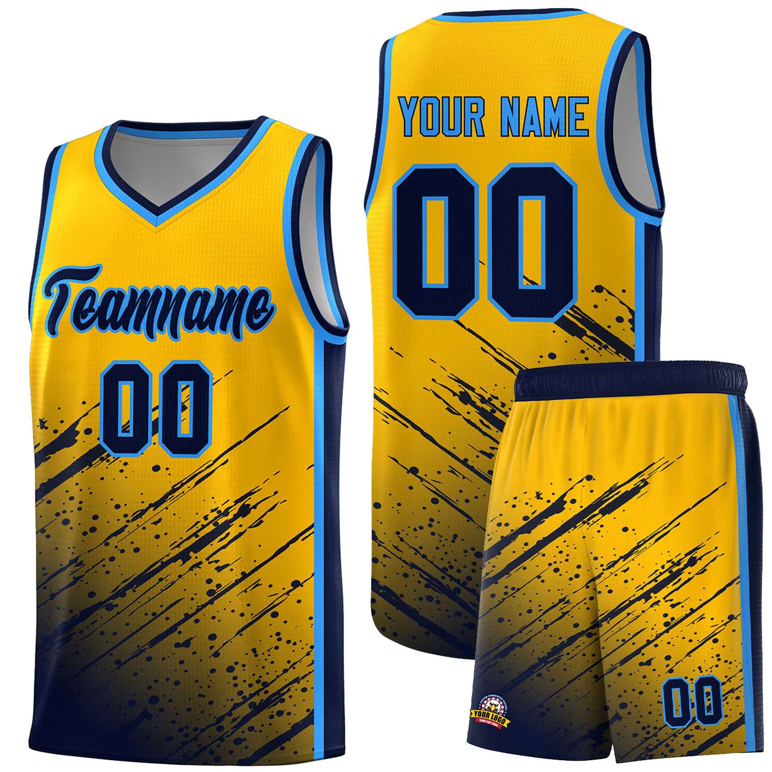 Custom Yellow Basketball Kits With Navy Paint Graffiti