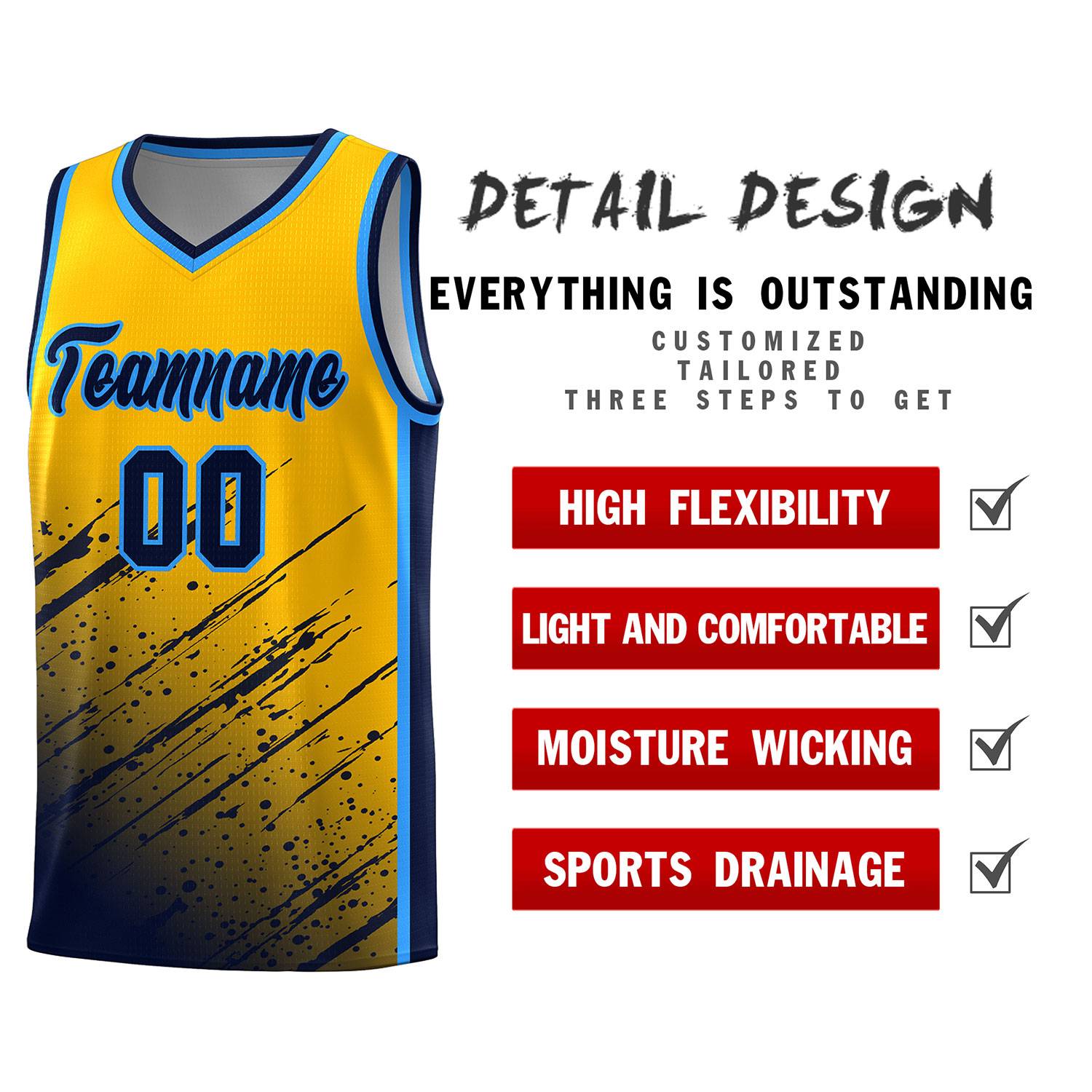 Custom Yellow Basketball Kits With Navy Paint Graffiti