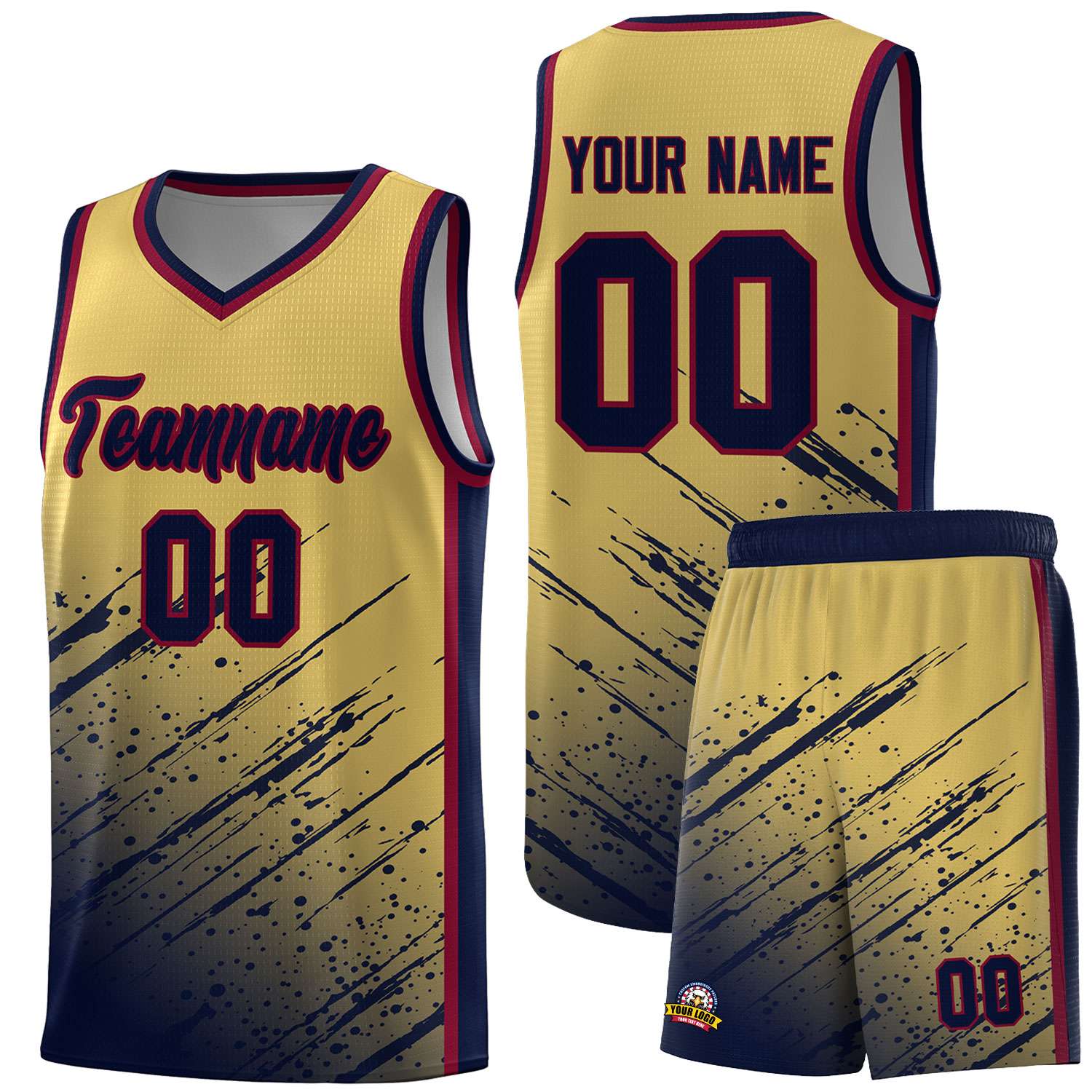 Custom Khaki Basketball Kits With Navy Paint Graffiti