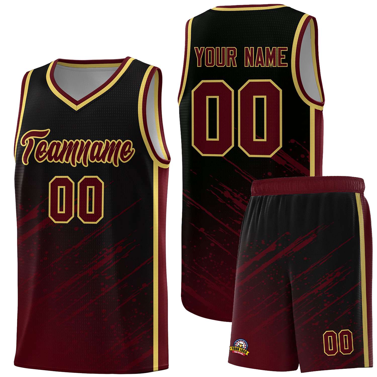 Custom Black Basketball Kits With Crimson Paint Graffiti