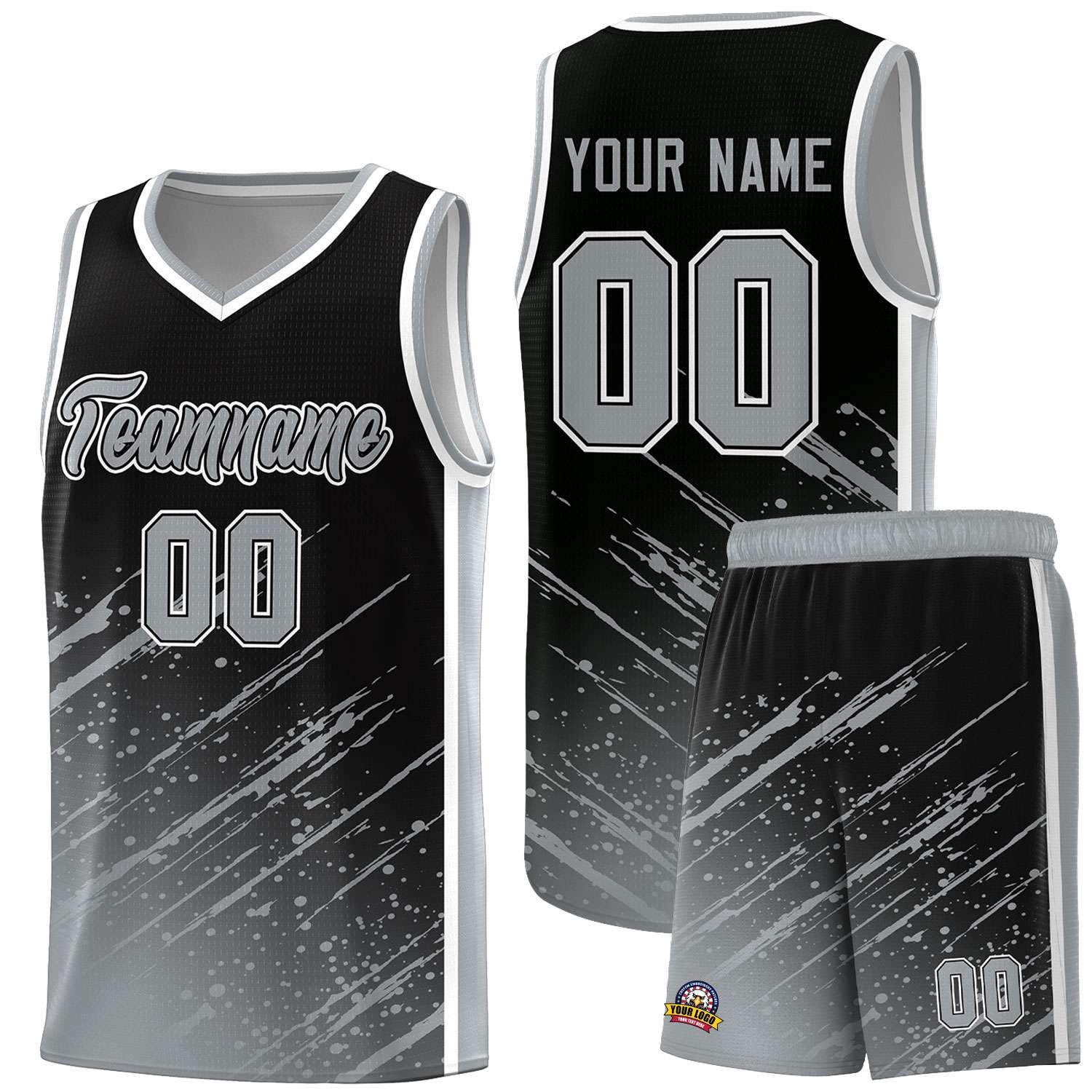 Custom Black Basketball Kits With Gray Paint Graffiti