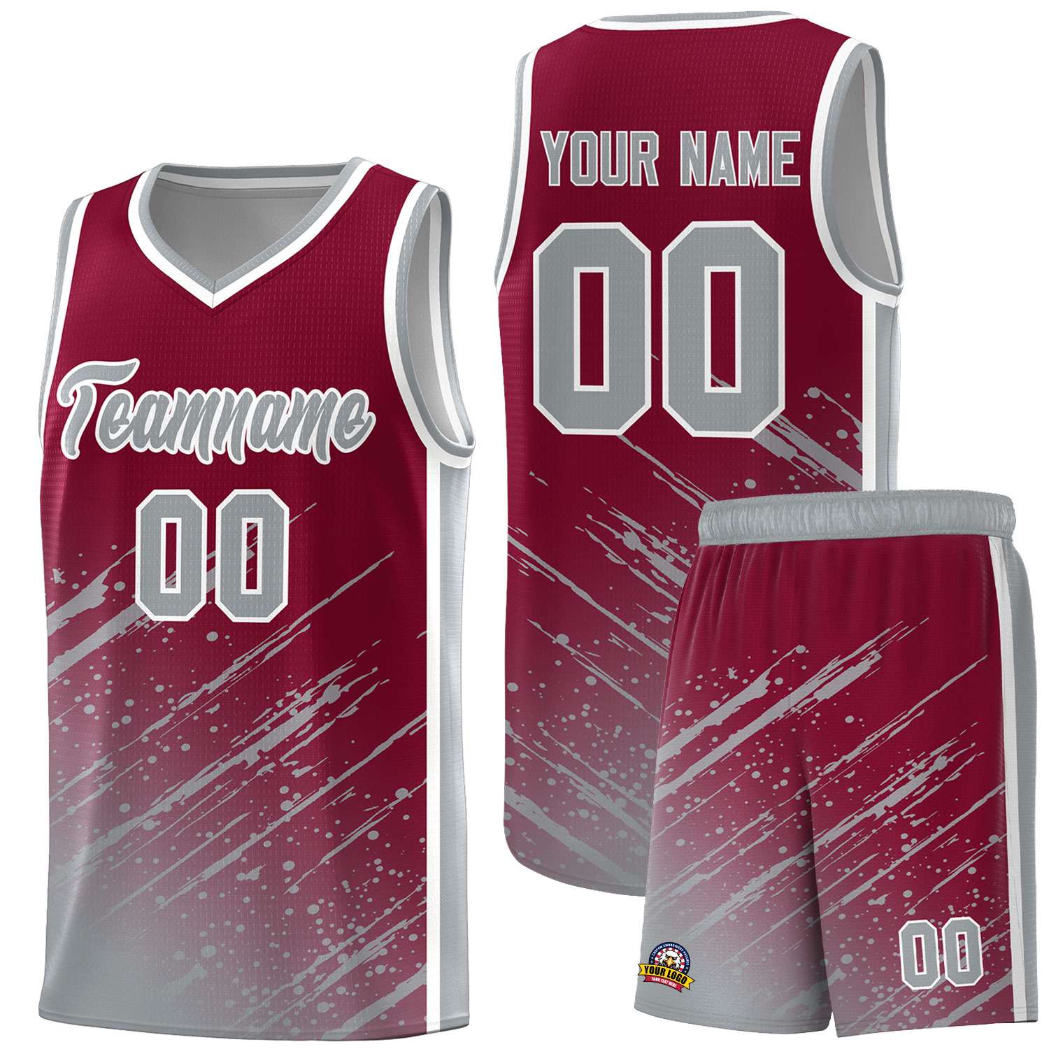 Custom Crimson Basketball Kits With Gray Paint Graffiti