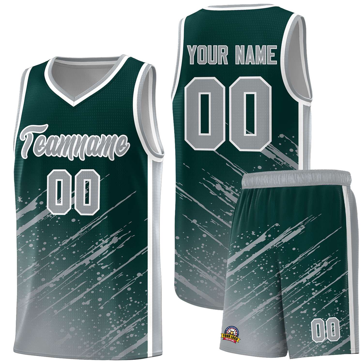Custom Midnight Green Basketball Kits With Gray Paint Graffiti