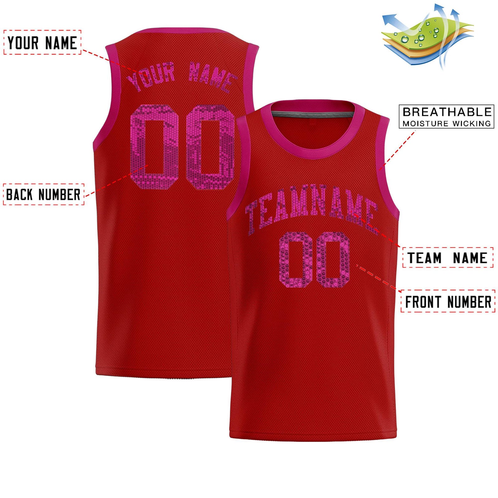 Custom Red Sequined Tops Athletic Basketball Jersey