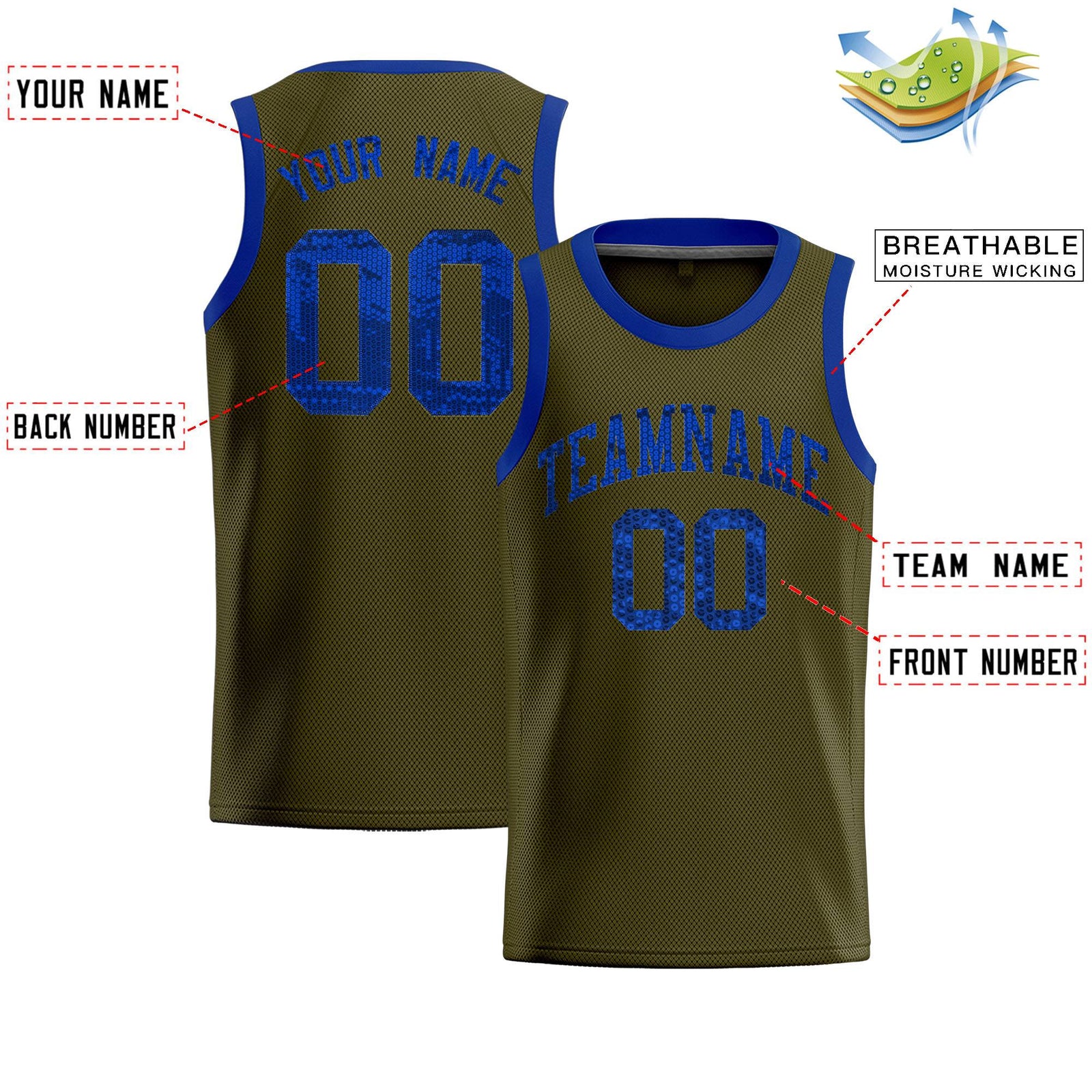 Custom Olive Sequined Tops Athletic Basketball Jersey