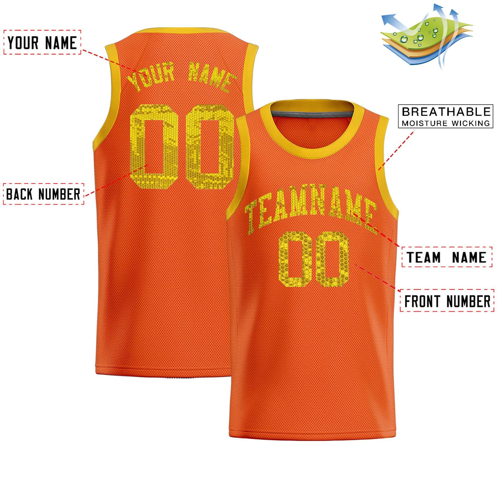 Custom Orange Sequined Tops Athletic Basketball Jersey