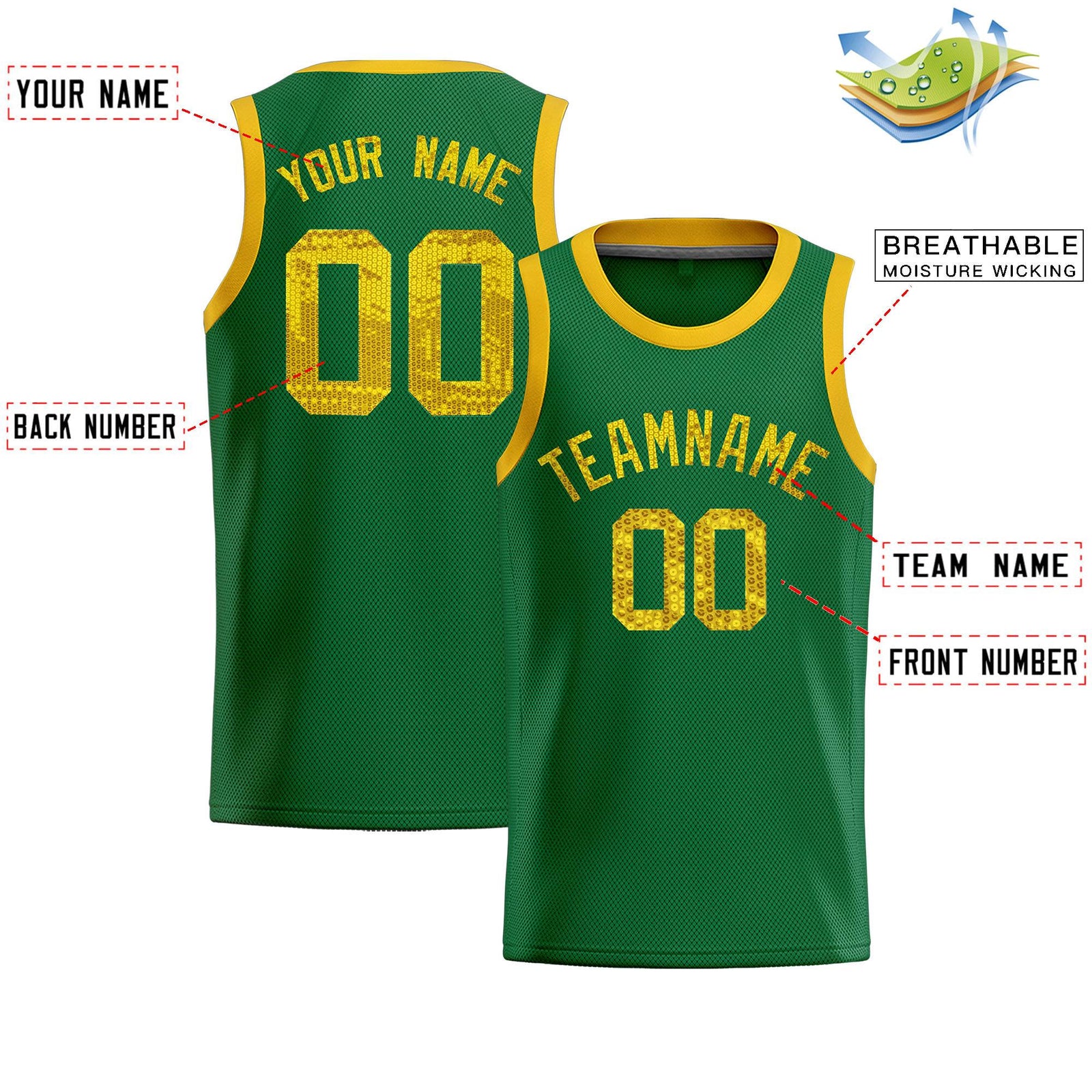 Custom Kelly Green Sequined Tops Athletic Basketball Jersey