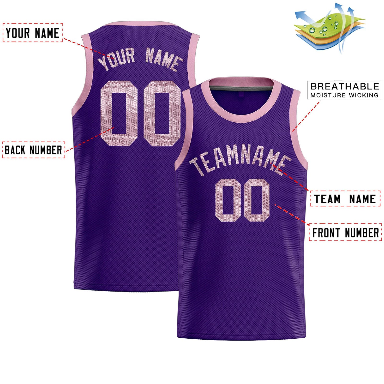 Custom Purple Sequined Tops Athletic Basketball Jersey