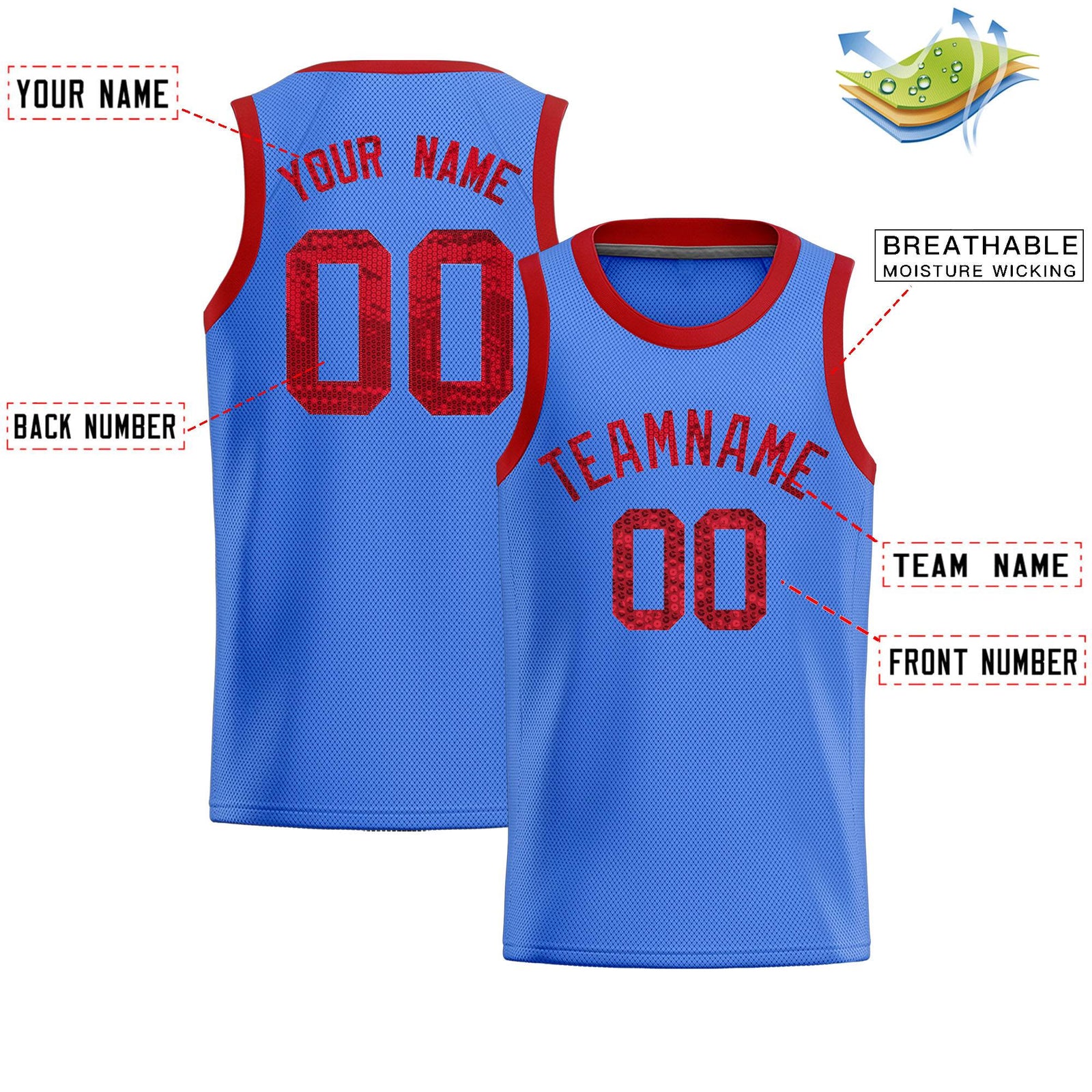 Custom Powder Blue Sequined Tops Athletic Basketball Jersey