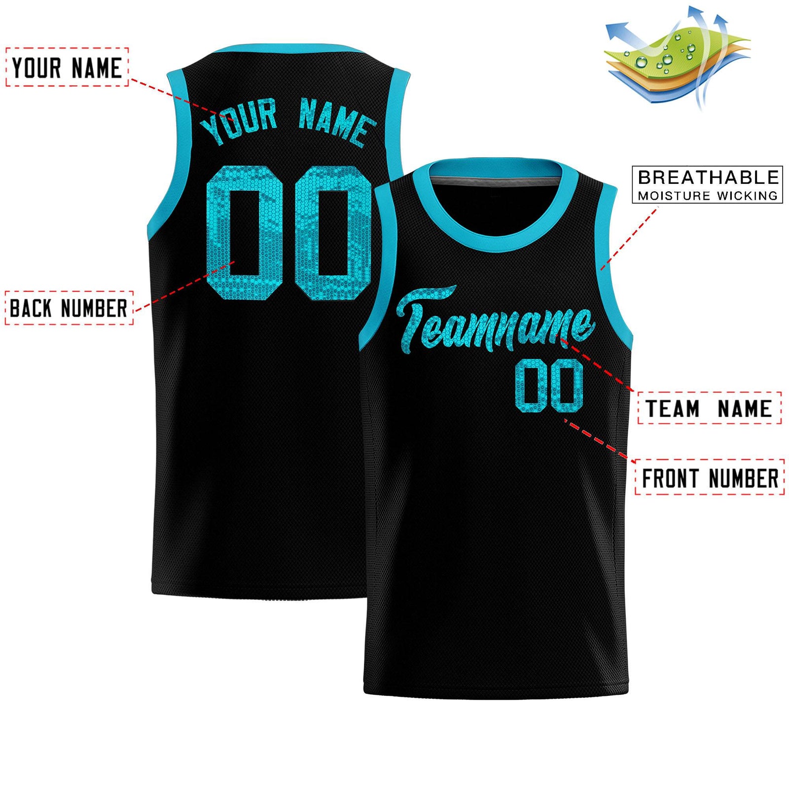 Custom Black Sequined Tops Athletic Basketball Jersey