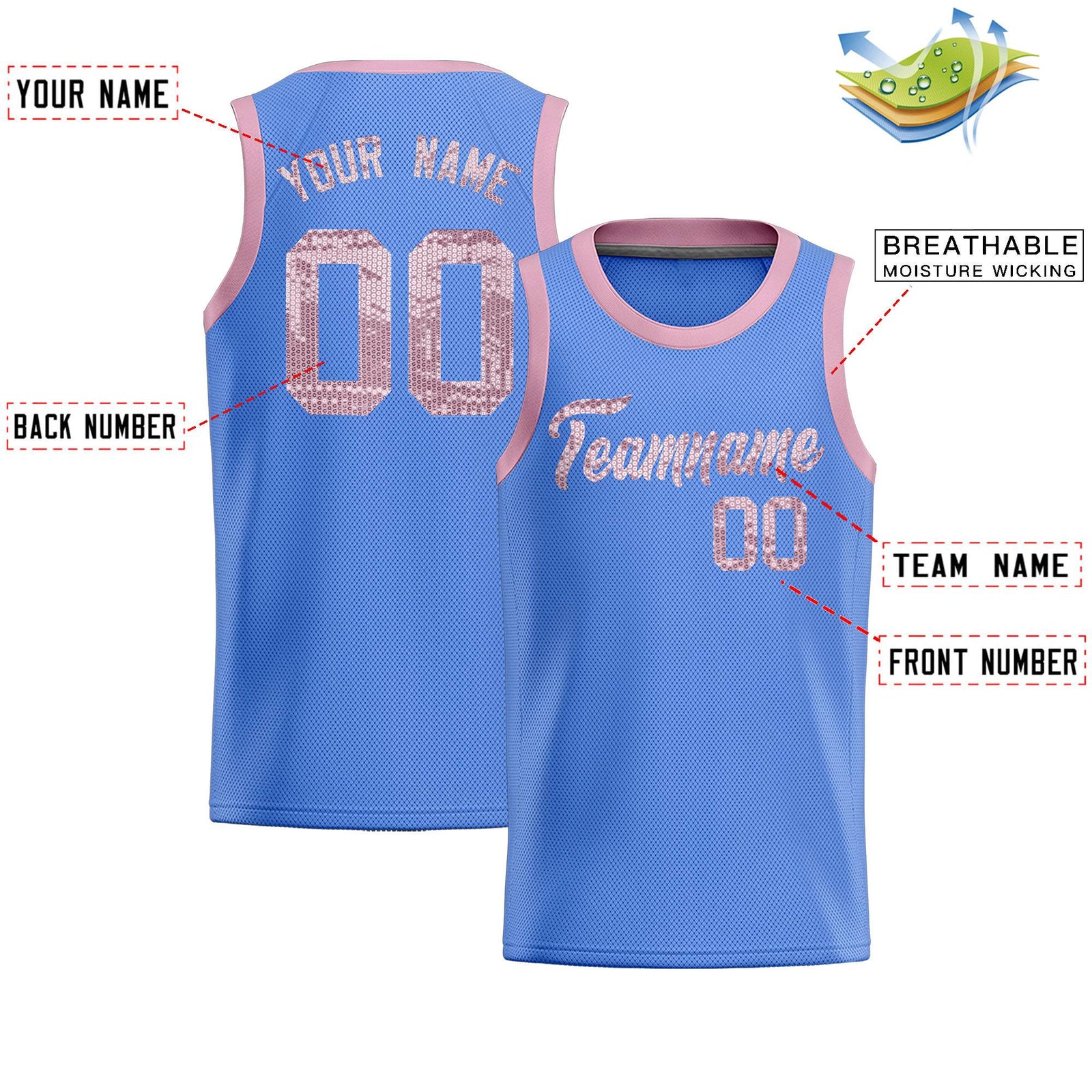 Custom Light Blue Sequined Tops Athletic Basketball Jersey